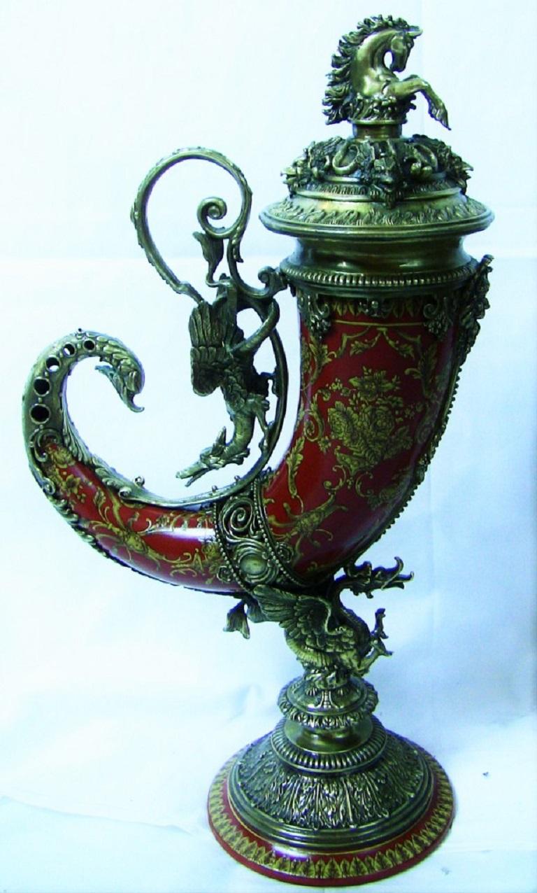 Baroque Revival Pair of Austrian Style Brass and Enamel Cornucopia Vases