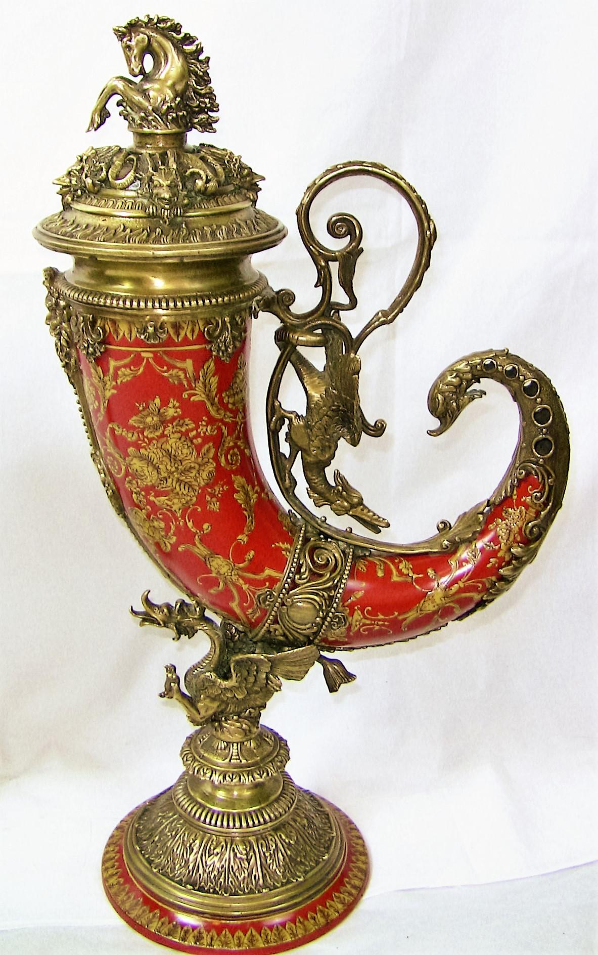 20th Century Pair of Austrian Style Brass and Enamel Cornucopia Vases