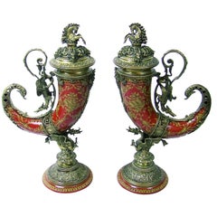 Pair of Austrian Style Brass and Enamel Cornucopia Vases