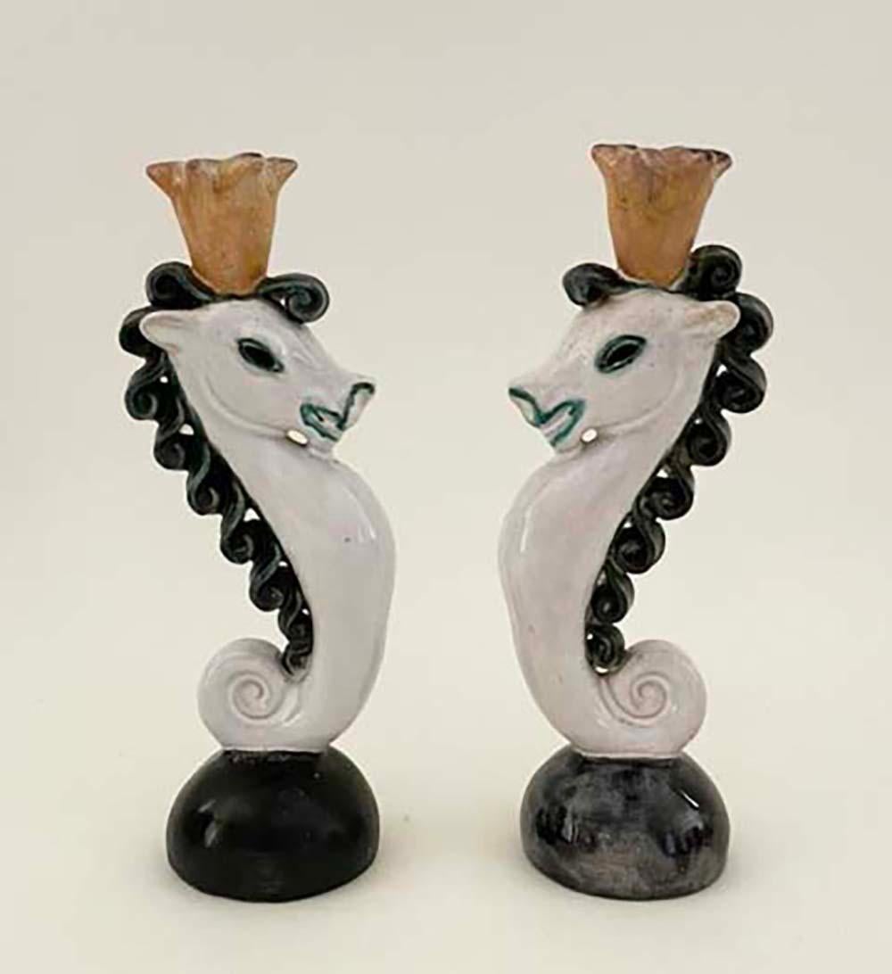 Pair of Austrian Terracotta Seahorse Wiener Werkstätte-Era Candlesticks For Sale 6