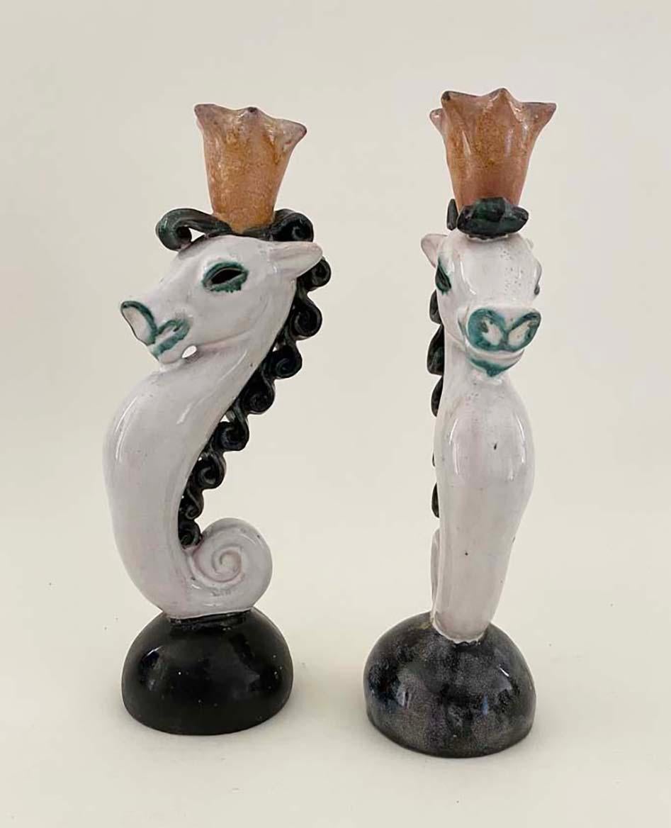 Pair of Austrian Terracotta Seahorse Wiener Werkstätte-Era Candlesticks In Good Condition For Sale In Minneapolis, MN