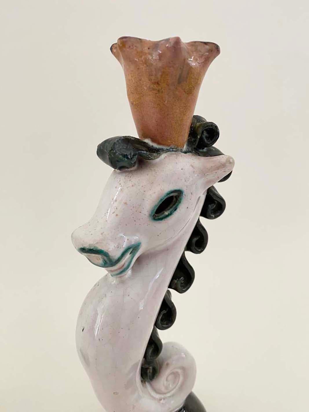 Mid-20th Century Pair of Austrian Terracotta Seahorse Wiener Werkstätte-Era Candlesticks For Sale