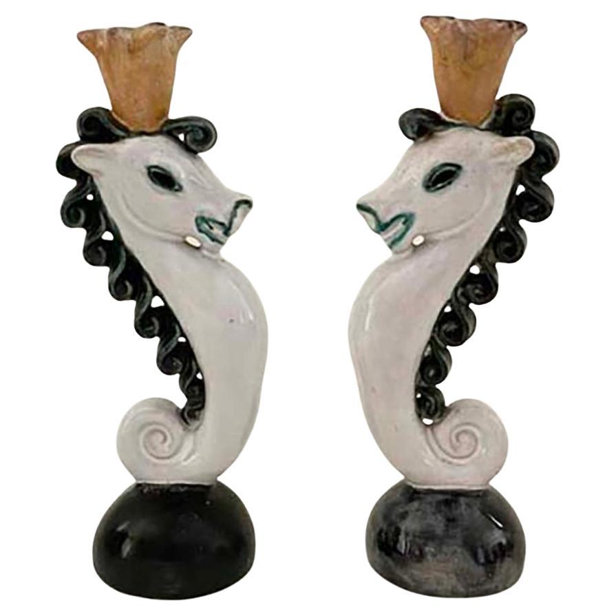 Pair of Austrian Terracotta Seahorse Wiener Werkstätte-Era Candlesticks