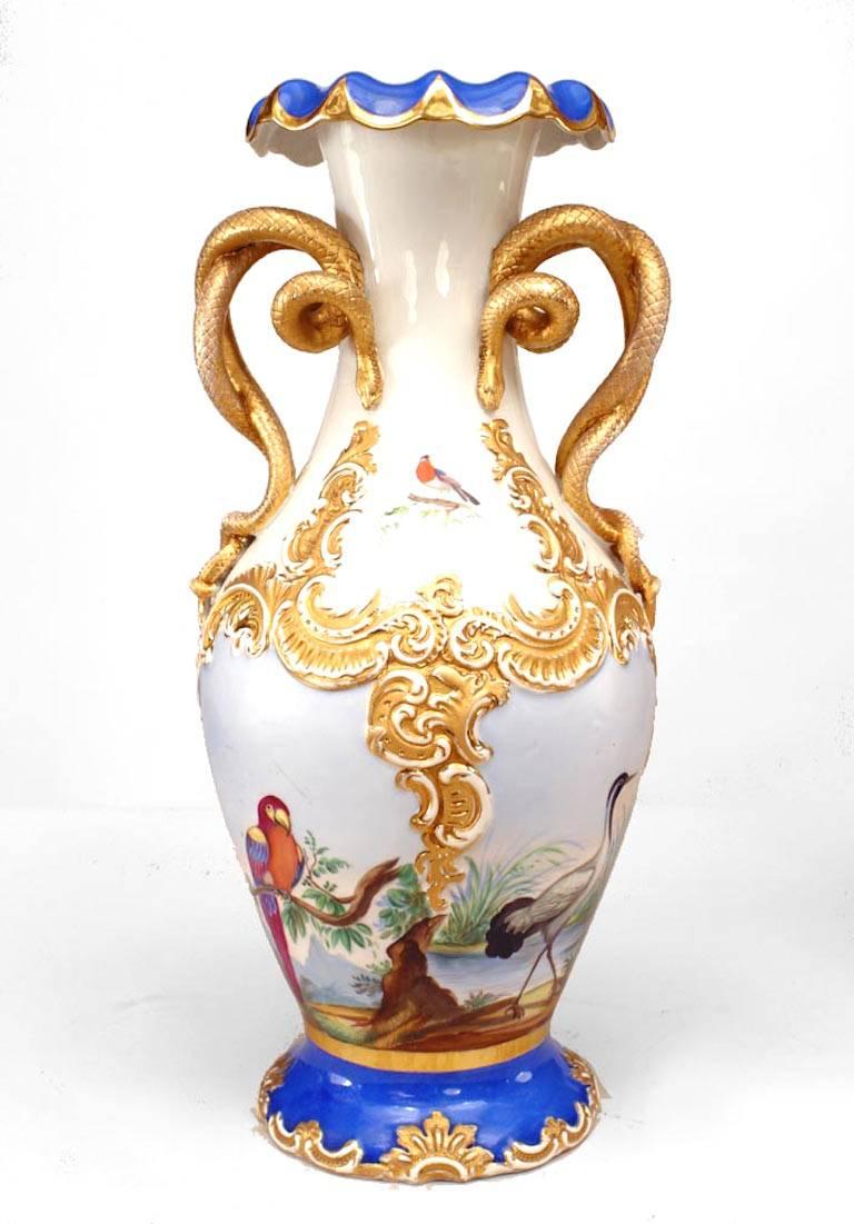 Pair of Austrian Vienna porcelain blue and white vases with birds and gilt snake handle (19th Cent) (PRICED AS Pair)

