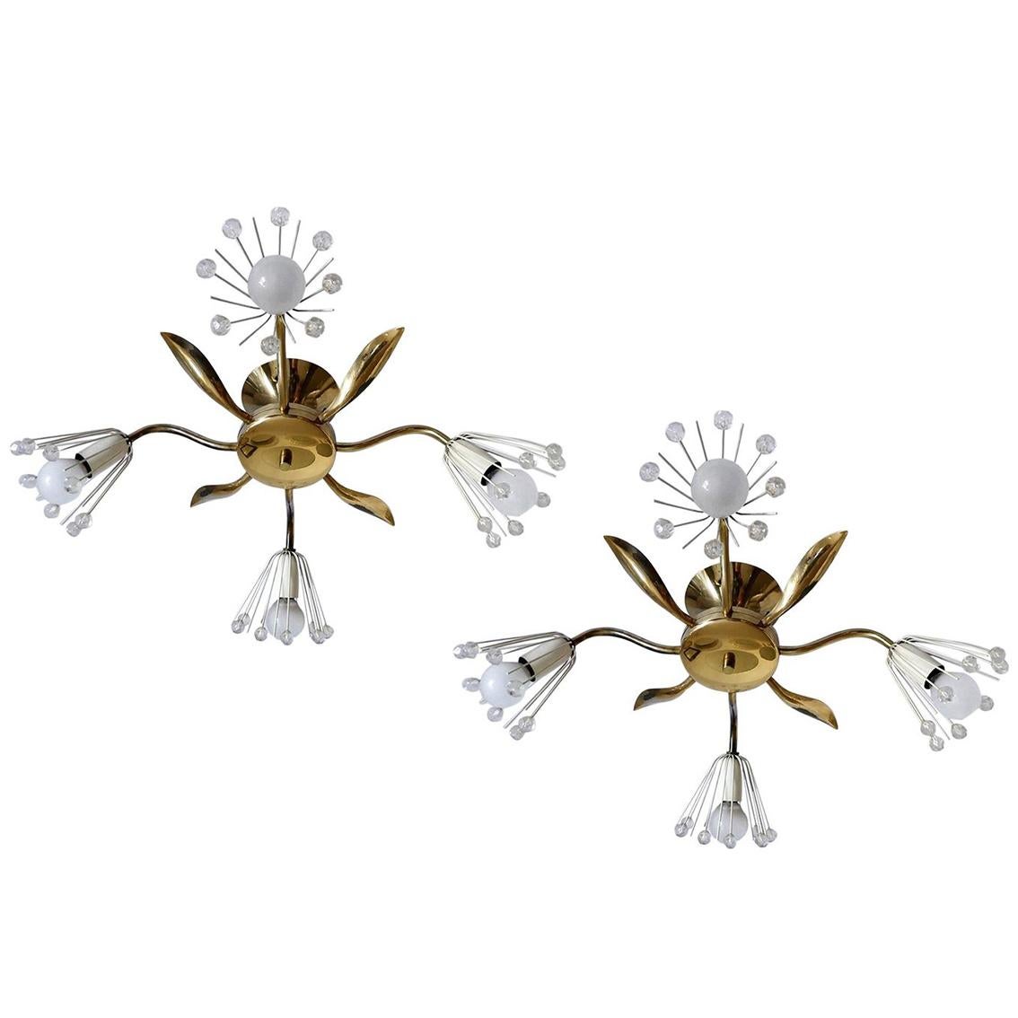Pair of Austrian Vintage Wall or Ceiling Lights Flush Mounts Chandeliers, 1950s For Sale