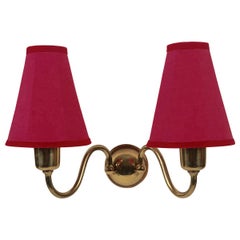 Pair of Austrian Wall Sconces from Josef Frank,  Brass and Coral Silk Shades