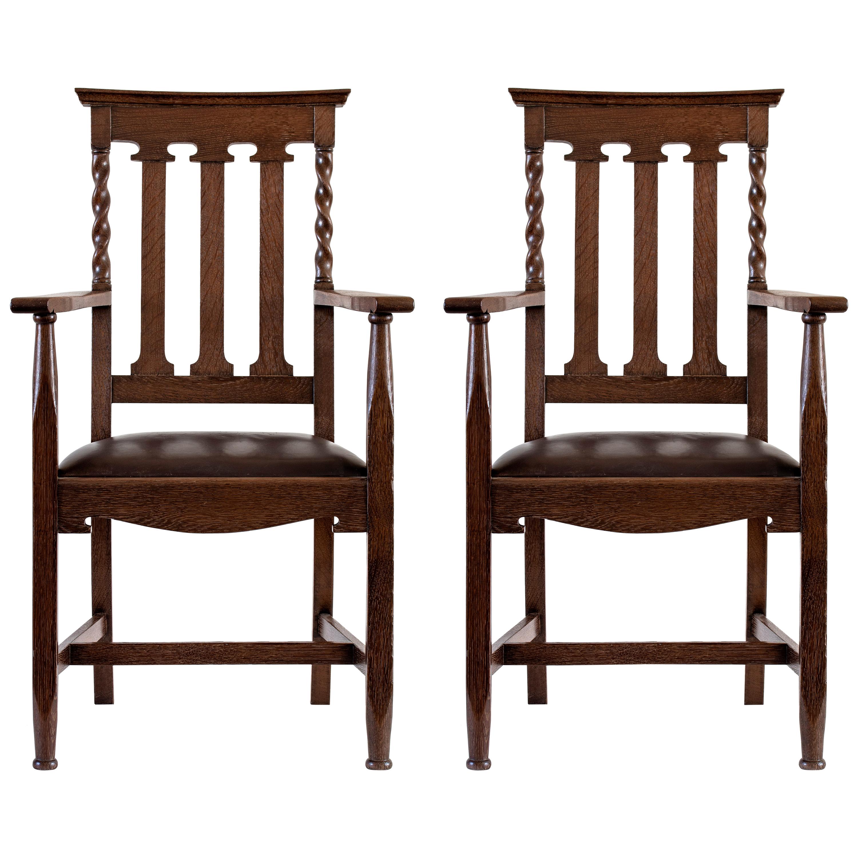 Pair of Austro-Croatian Large Carved Oak and Leather Jugendstil Armchairs