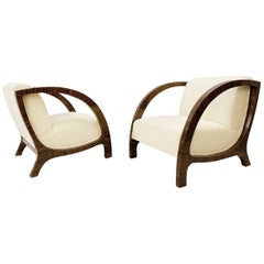 Pair of Austro-Hungarian Art Deco Armchairs with New Cream White Upholstery