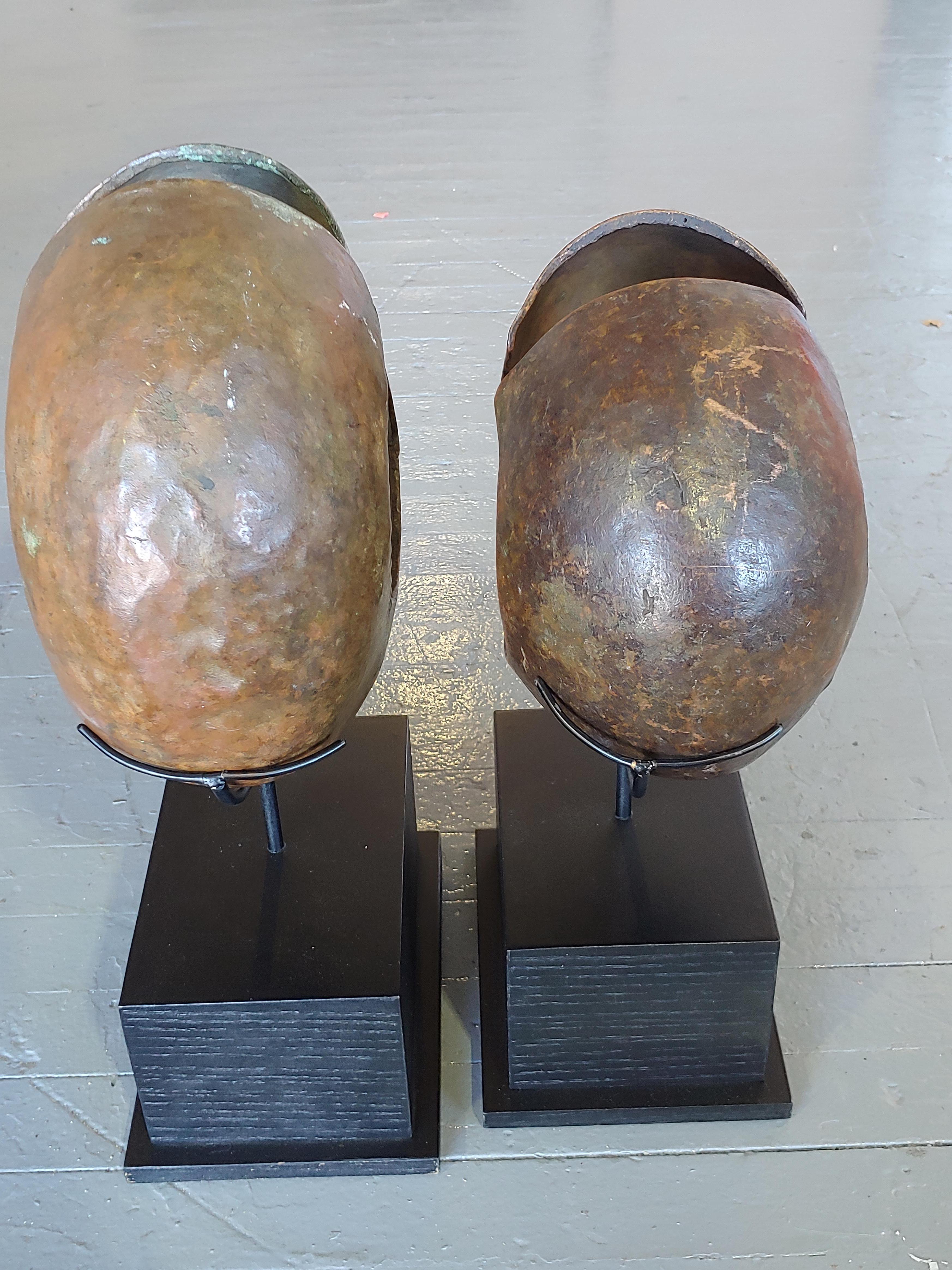 Pair of Authentic African Mbole Copper Currency Ankle Bracelets on Custom Stands In Excellent Condition In Larkspur, CA