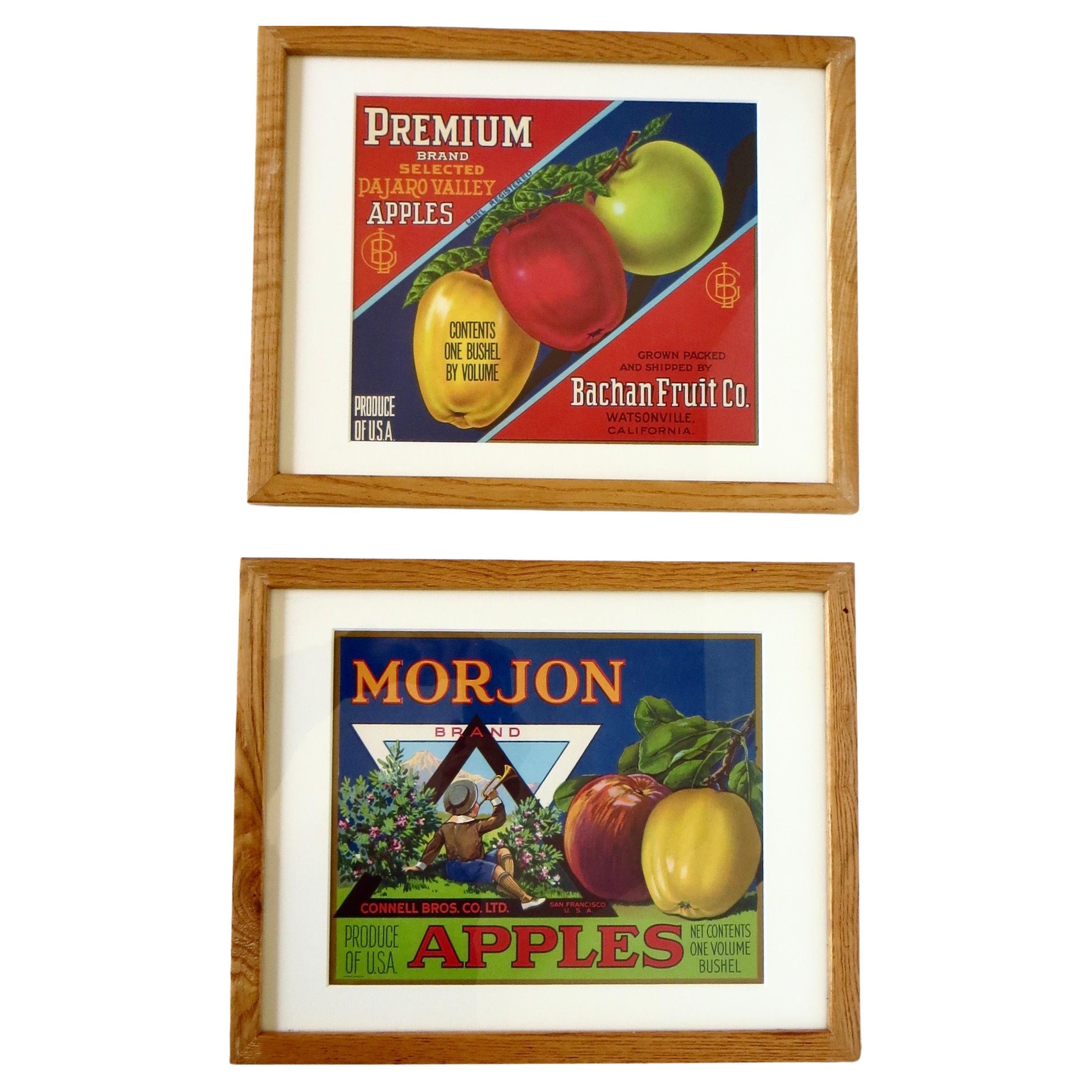 Ein Paar authentische kalifornische Fruit Crate-Etiketten mit Apfelmotiven. CIRCA 1940er Jahre im Angebot