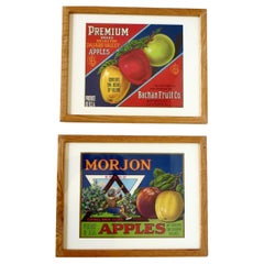 Ein Paar authentische kalifornische Fruit Crate-Etiketten mit Apfelmotiven. CIRCA 1940er Jahre
