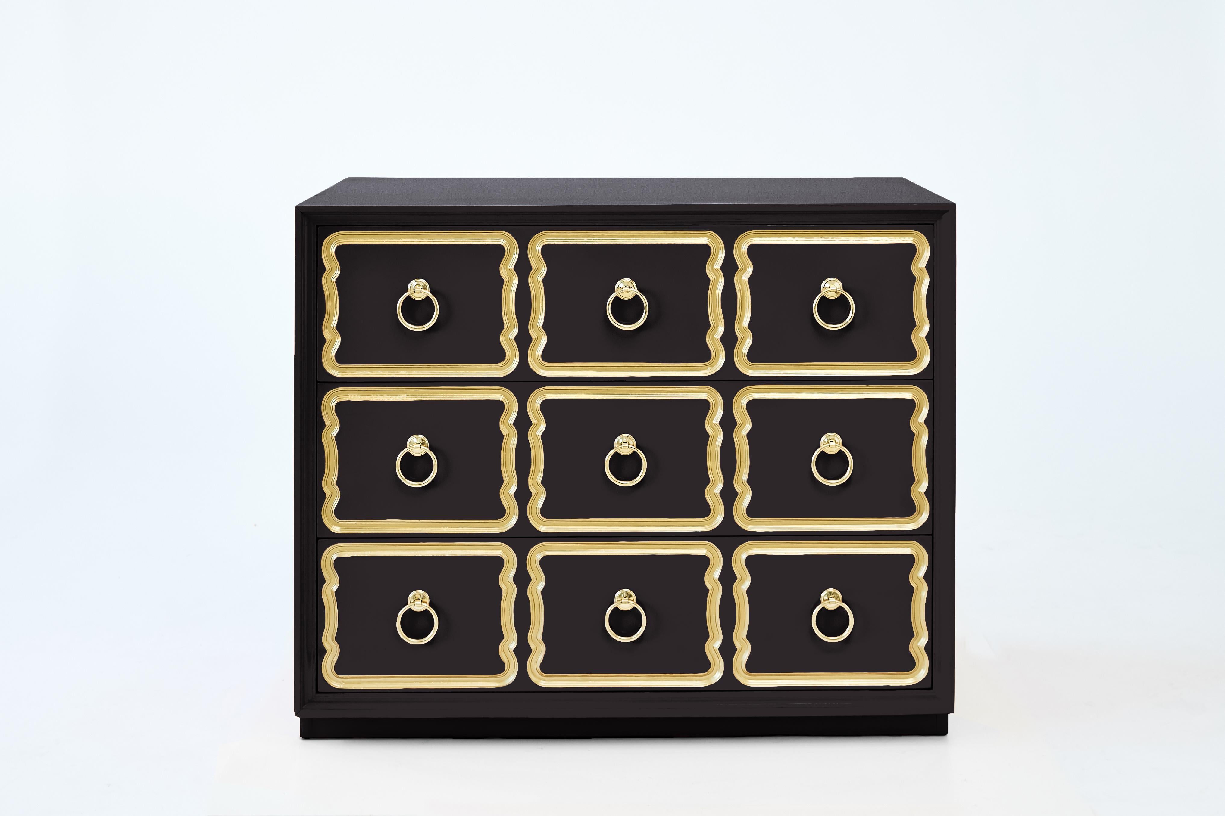 Authentic Dorothy Draper España chests, shown in black bean. The crème de la crème - the most iconic of Hollywood Regency glam - is Dorothy Draper's España bunching chest. Dorothy Draper (1889-1969), America's most famous decorator, produced her