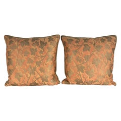 Pair of Authentic Fortuny “Vine & Grapes” Pattern Pillows in Coral and Gold