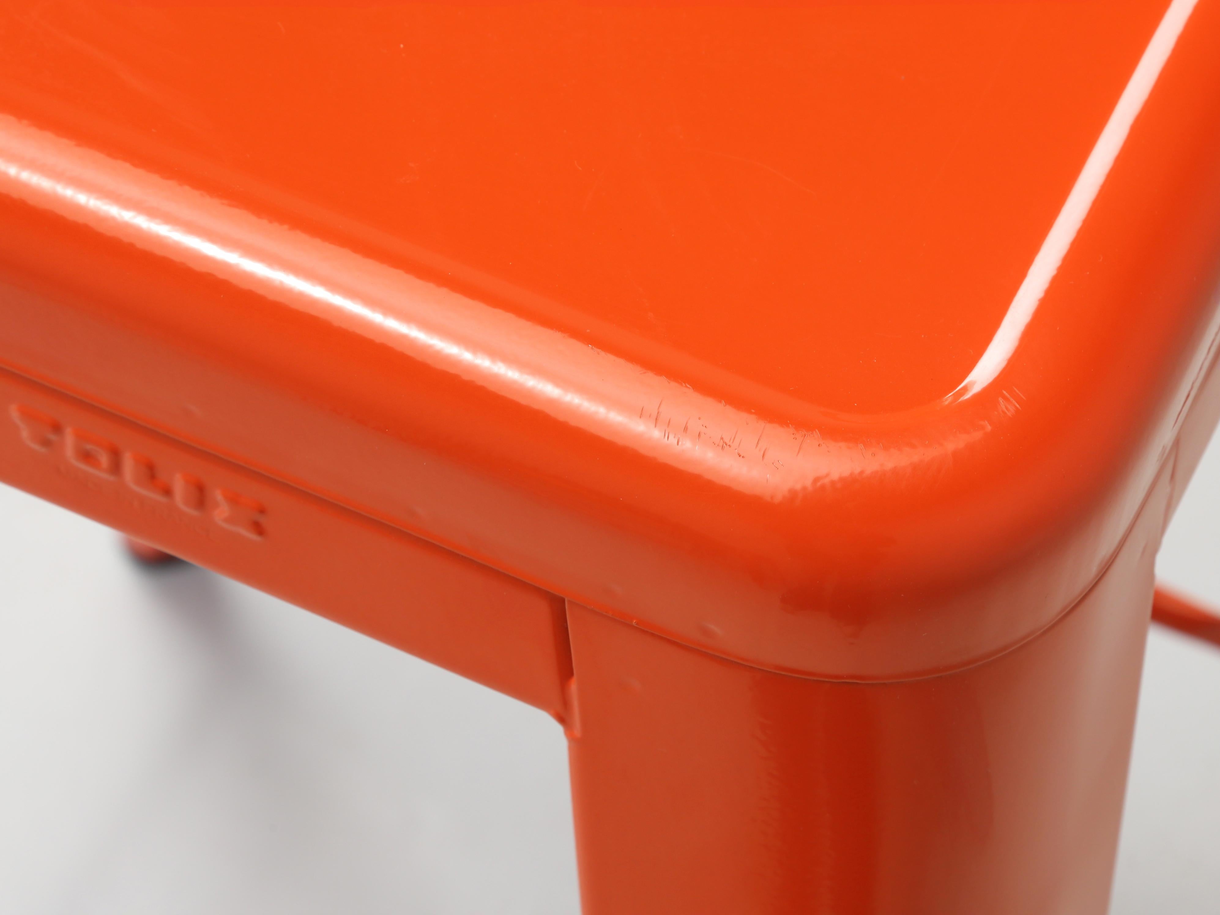 Pair of Authentic French Made Tolix Orange Steel Counter Height Stools In Good Condition For Sale In Chicago, IL