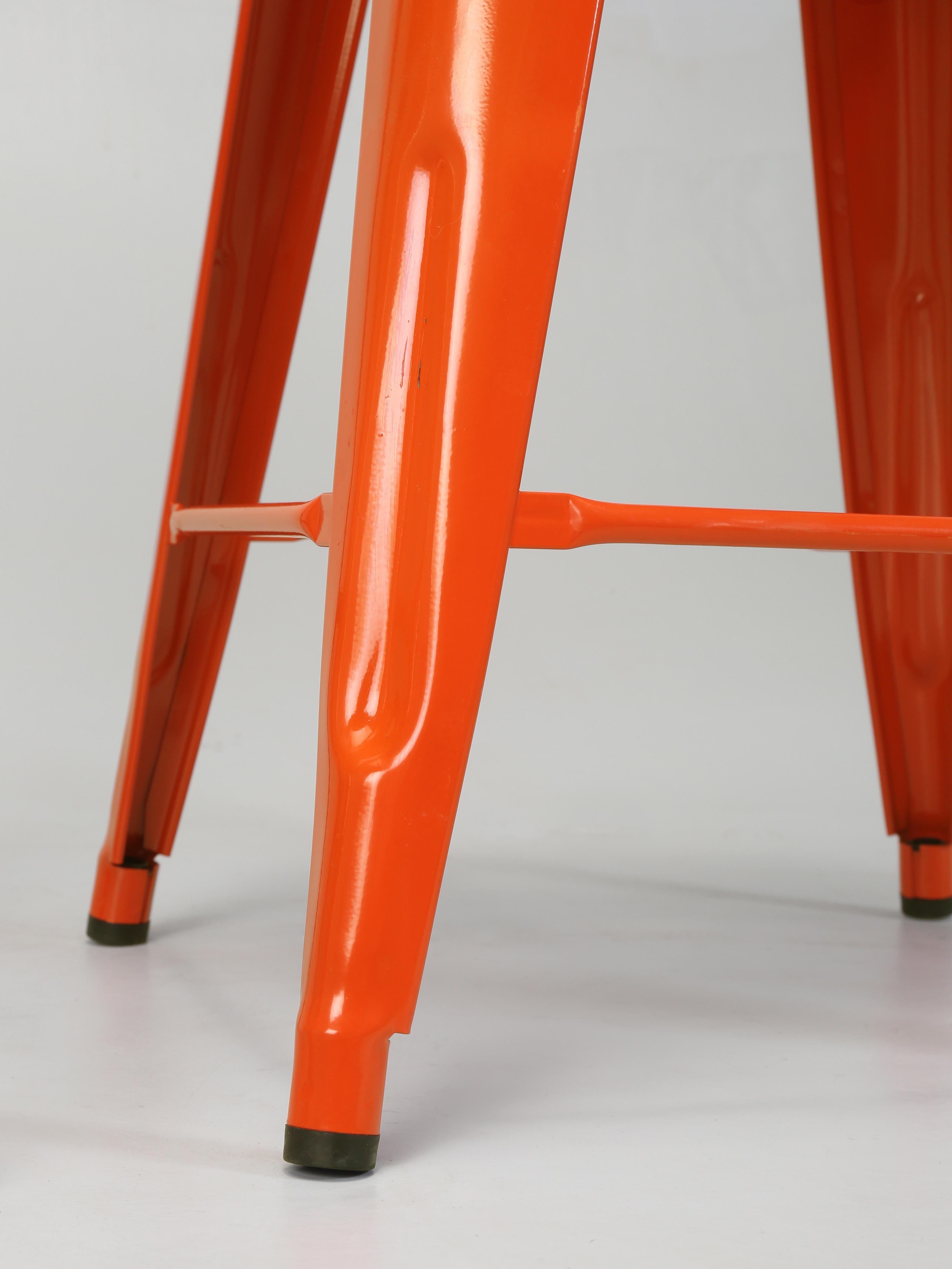 Metal Pair of Authentic French Made Tolix Orange Steel Counter Height Stools For Sale