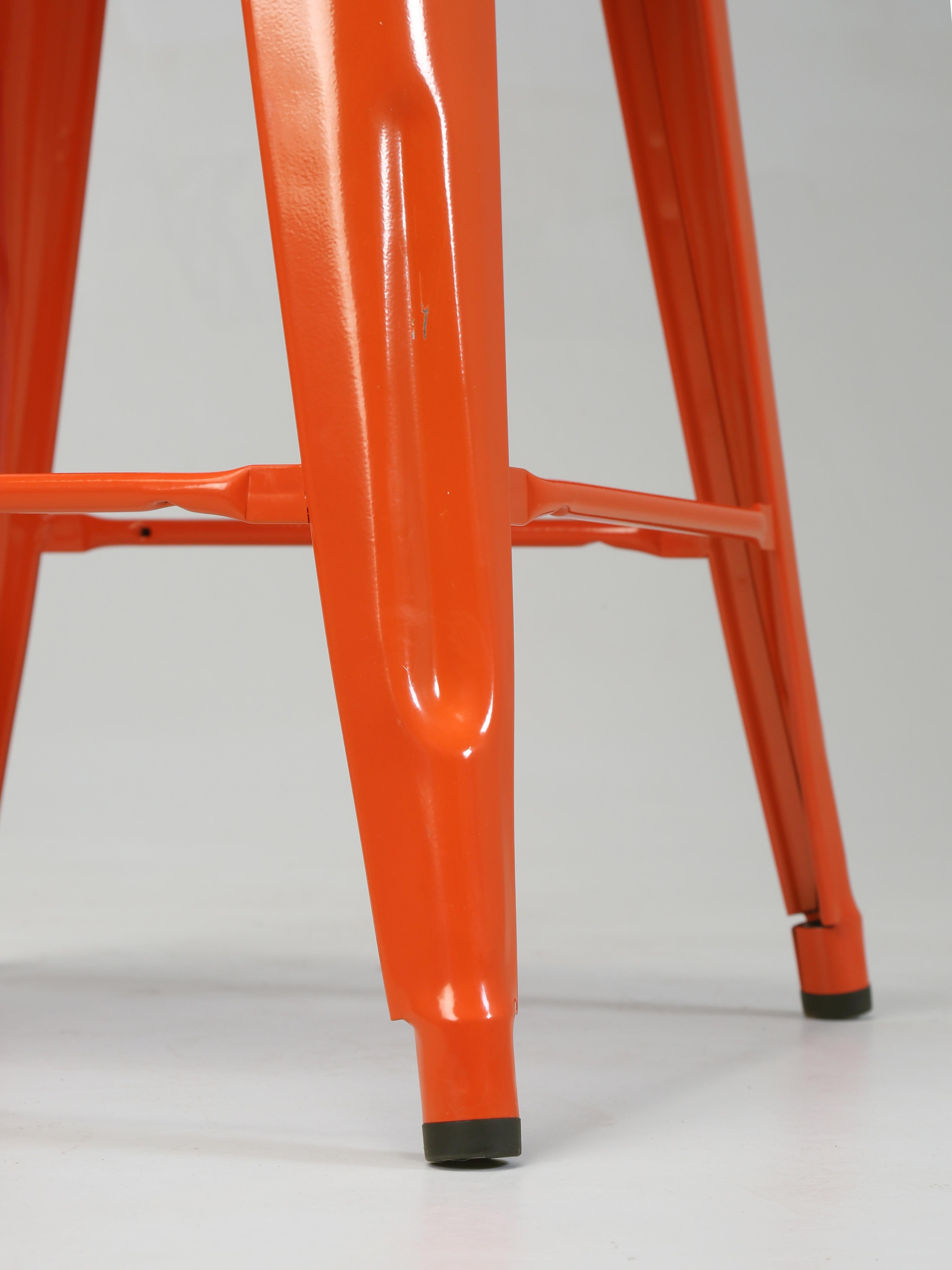 Pair of Authentic French Made Tolix Orange Steel Counter Height Stools For Sale 2