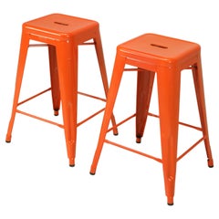 Pair of Authentic French Made Tolix Orange Steel Counter Height Stools