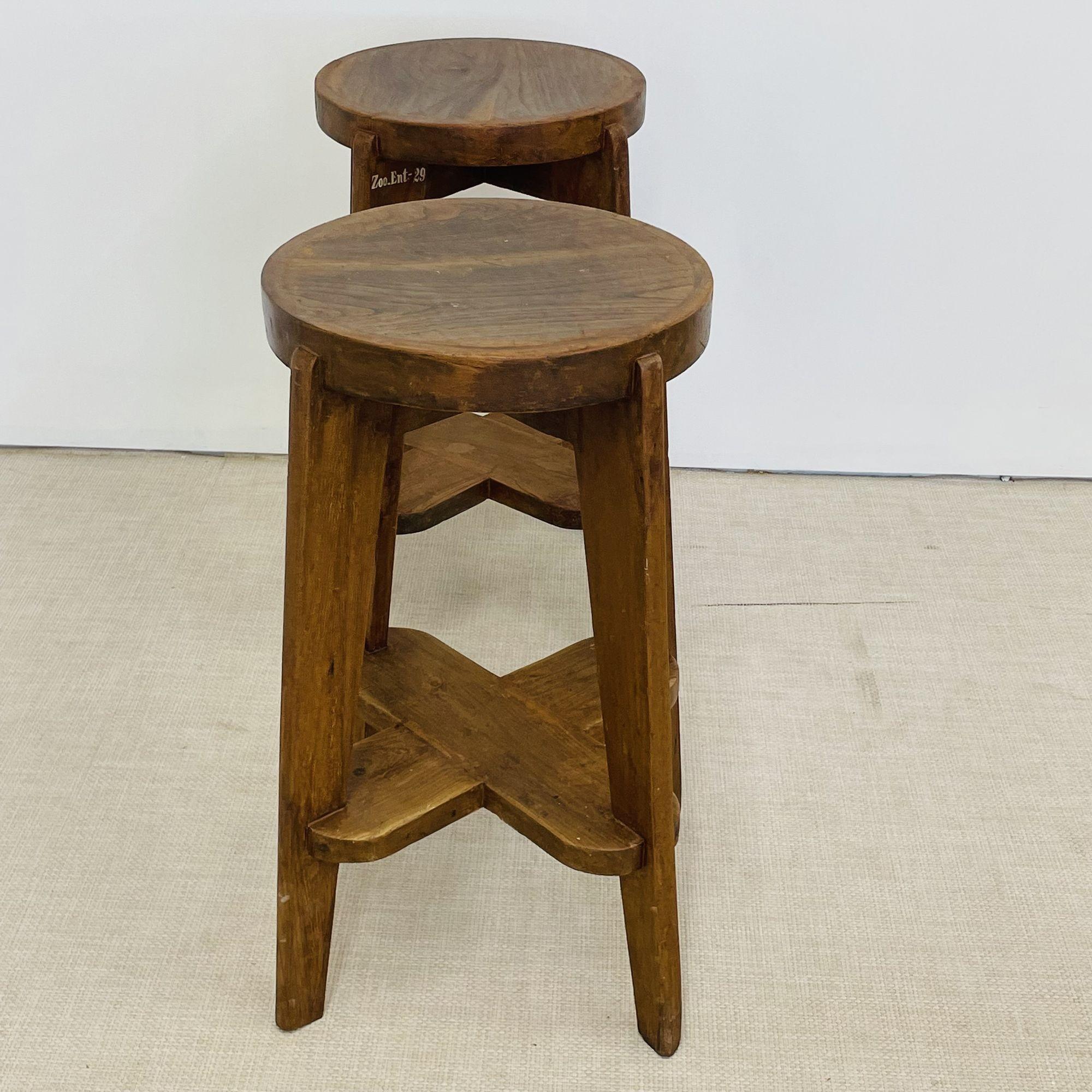 Indian Pair of Authentic Pierre Jeanneret High Teak Bar Stools, Mid-Century Modern