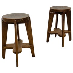 Pair of Authentic Pierre Jeanneret High Teak Bar Stools, Mid-Century Modern