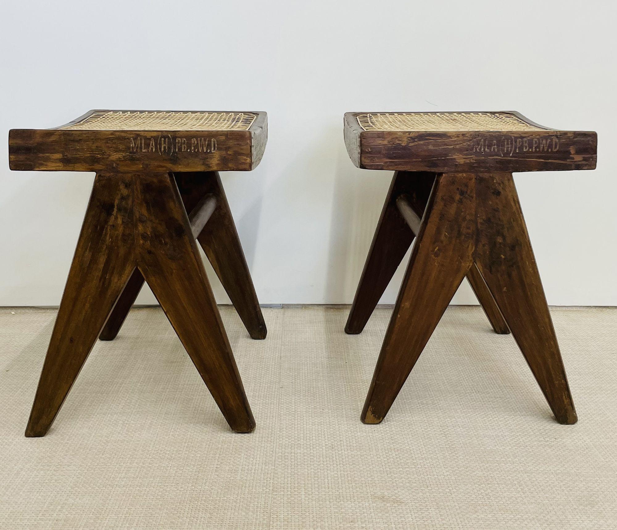 Indian Pair of Authentic Pierre Jeanneret Low Stools/Ottomans, Mid-Century Modern