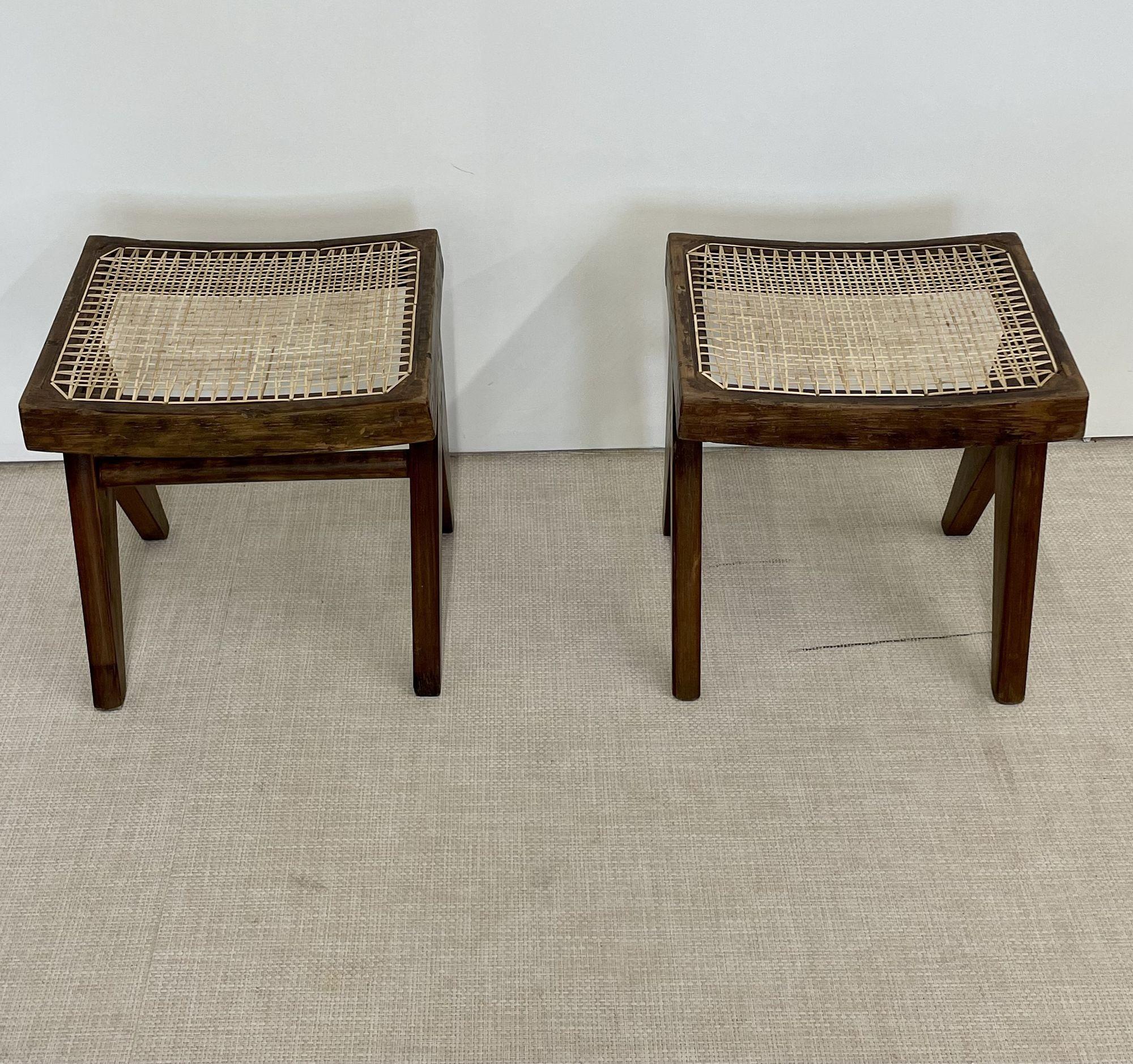 Pair of Authentic Pierre Jeanneret Low Stools/Ottomans, Mid-Century Modern In Good Condition In Stamford, CT
