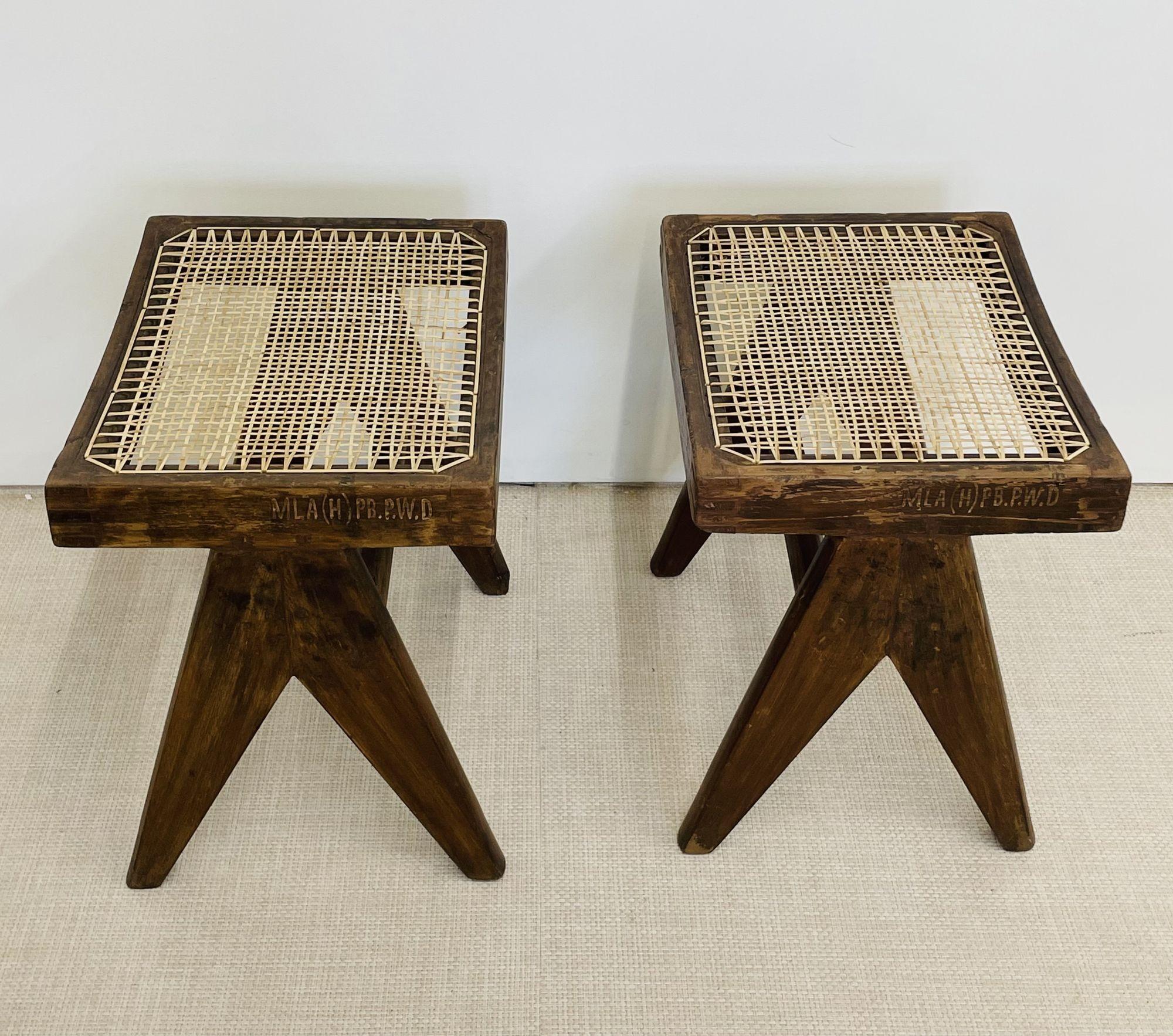 20th Century Pair of Authentic Pierre Jeanneret Low Stools/Ottomans, Mid-Century Modern