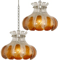 Pair of AV Mazzega Amber Glass Flower Chandeliers, Italy