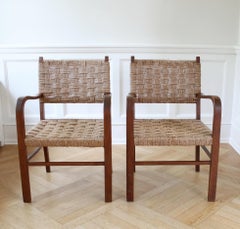 Pair of Axel Larsson armchairs, Seagrass and Walnut, Scandinavia 1930s