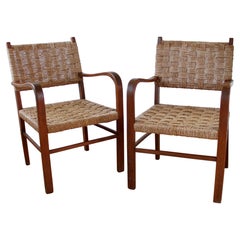 Paire de fauteuils Axel Larsson, Seagrass and Walnut, Scandinavia 1930s