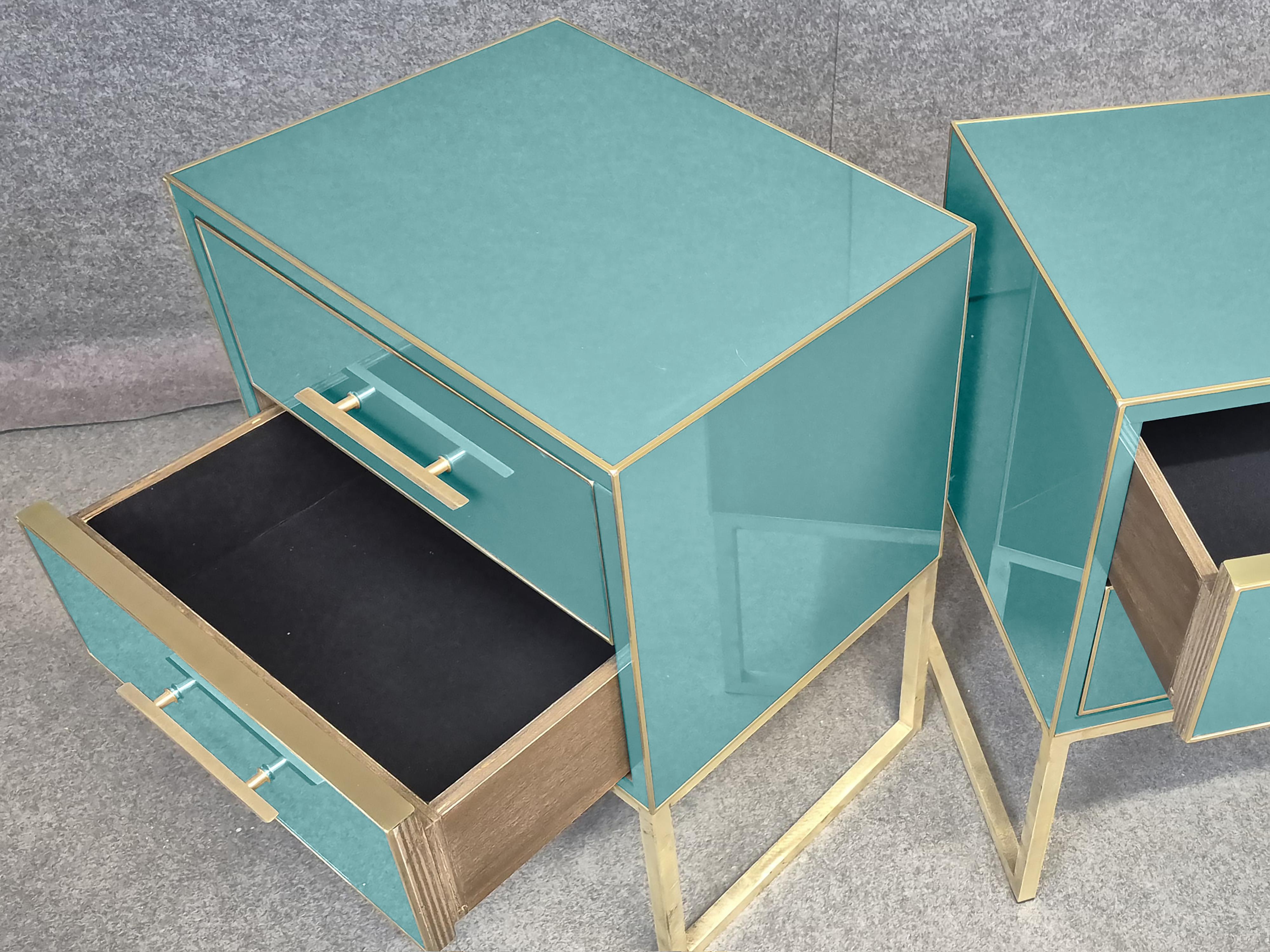Italian Pair of Azure Bedside Tables, Solid Wood and Brass Edges, 1950s style Available in vendita
