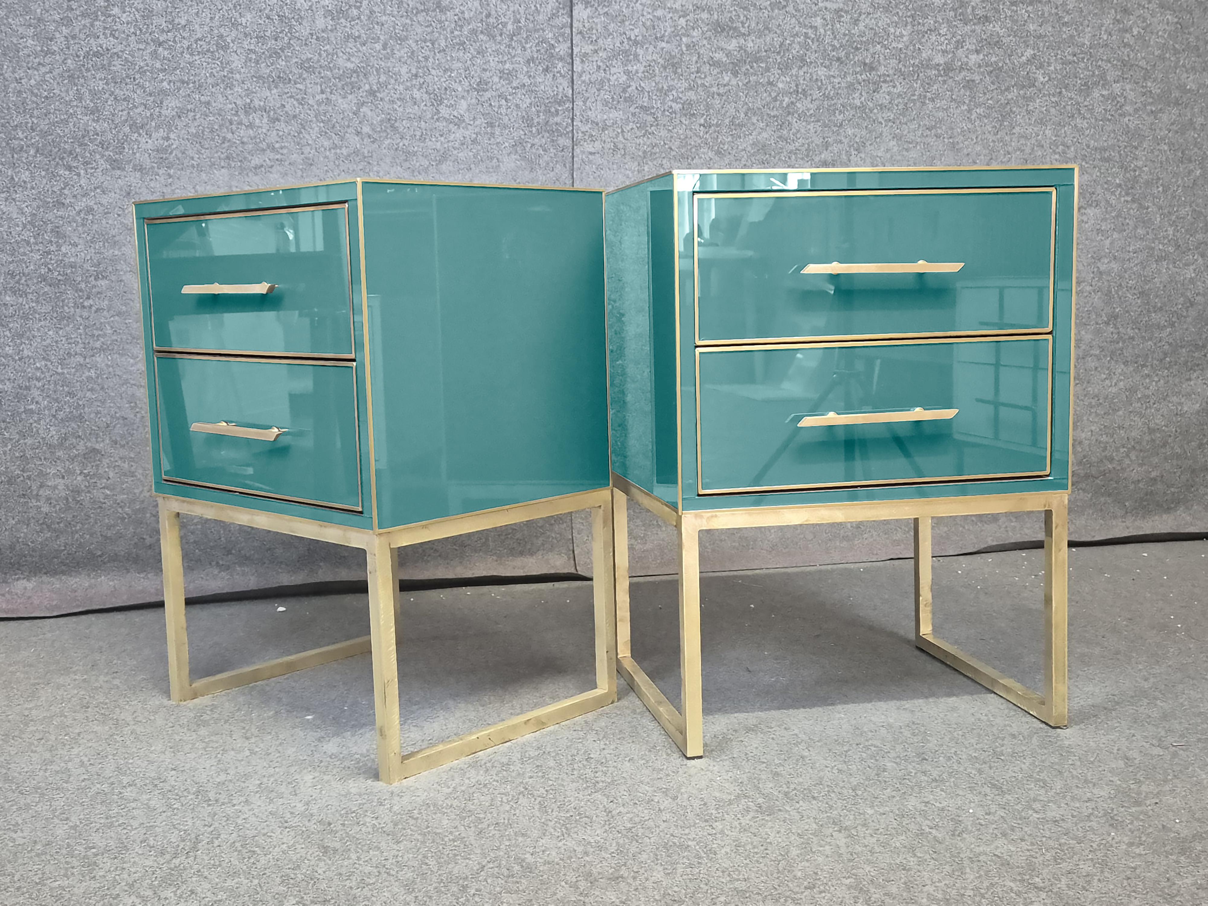 Smussato Pair of Azure Bedside Tables, Solid Wood and Brass Edges, 1950s style Available in vendita