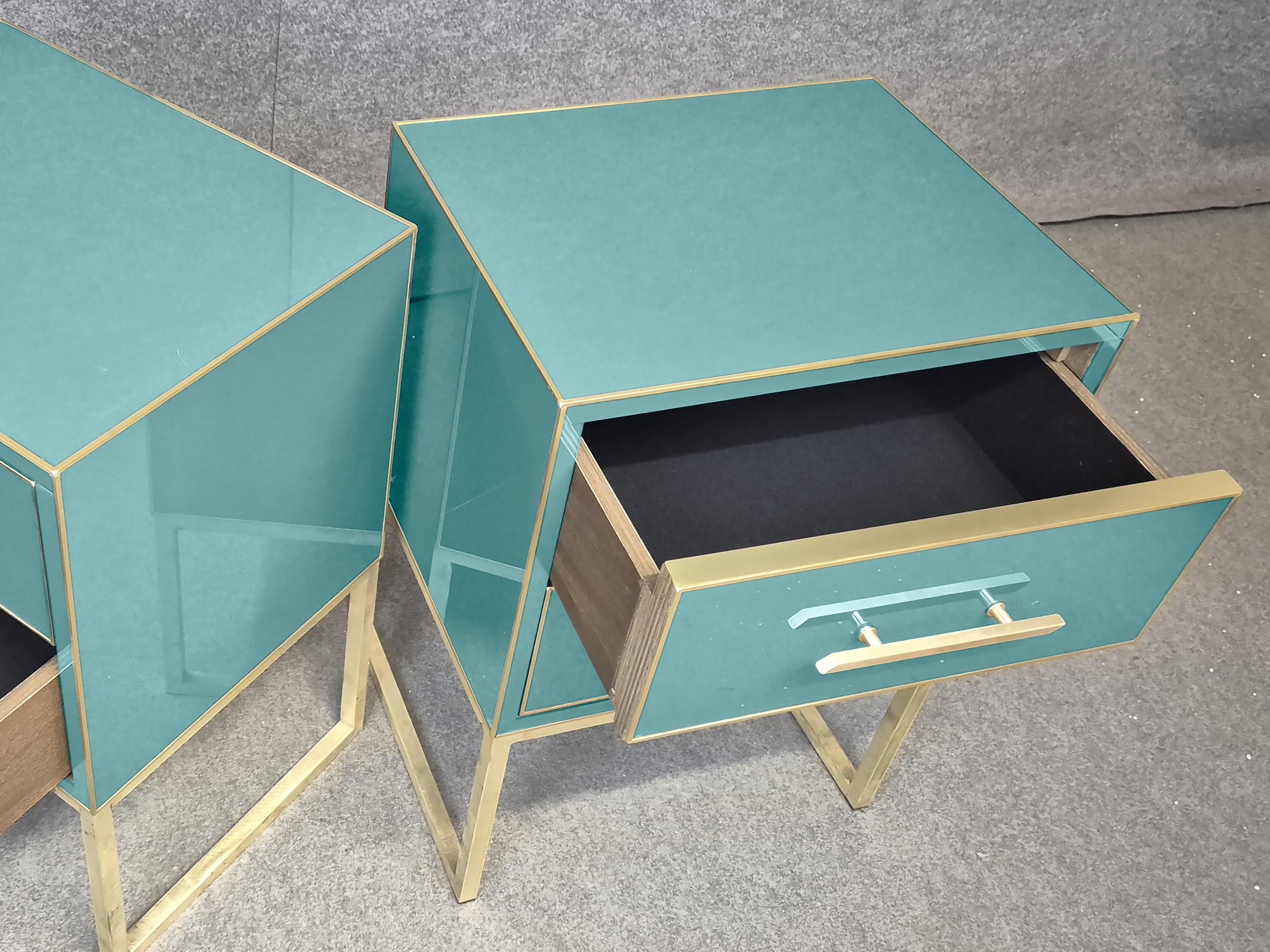 Ottone Pair of Azure Bedside Tables, Solid Wood and Brass Edges, 1950s style Available in vendita