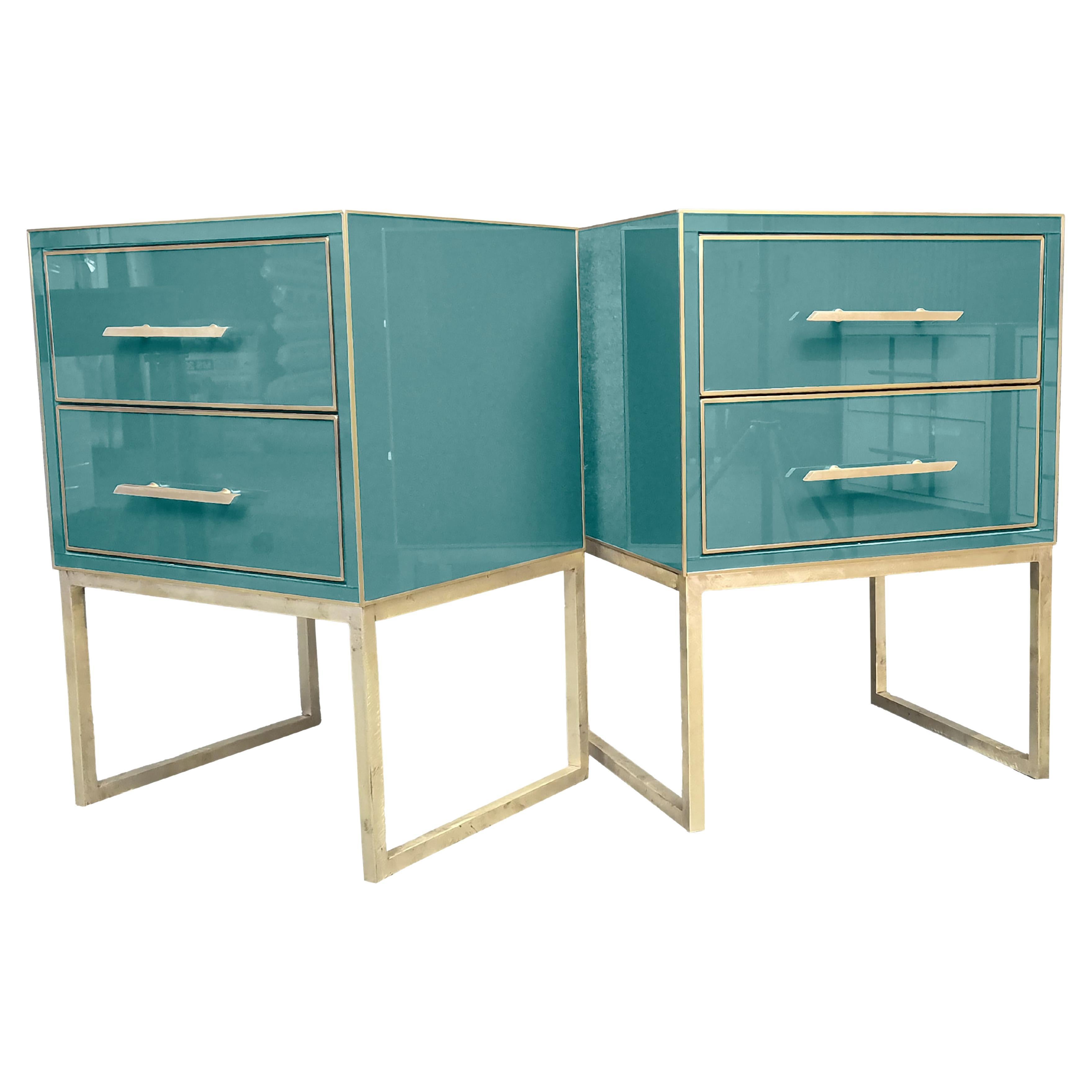 Pair of Azure Bedside Tables, Solid Wood and Brass Edges, 1950s style Available