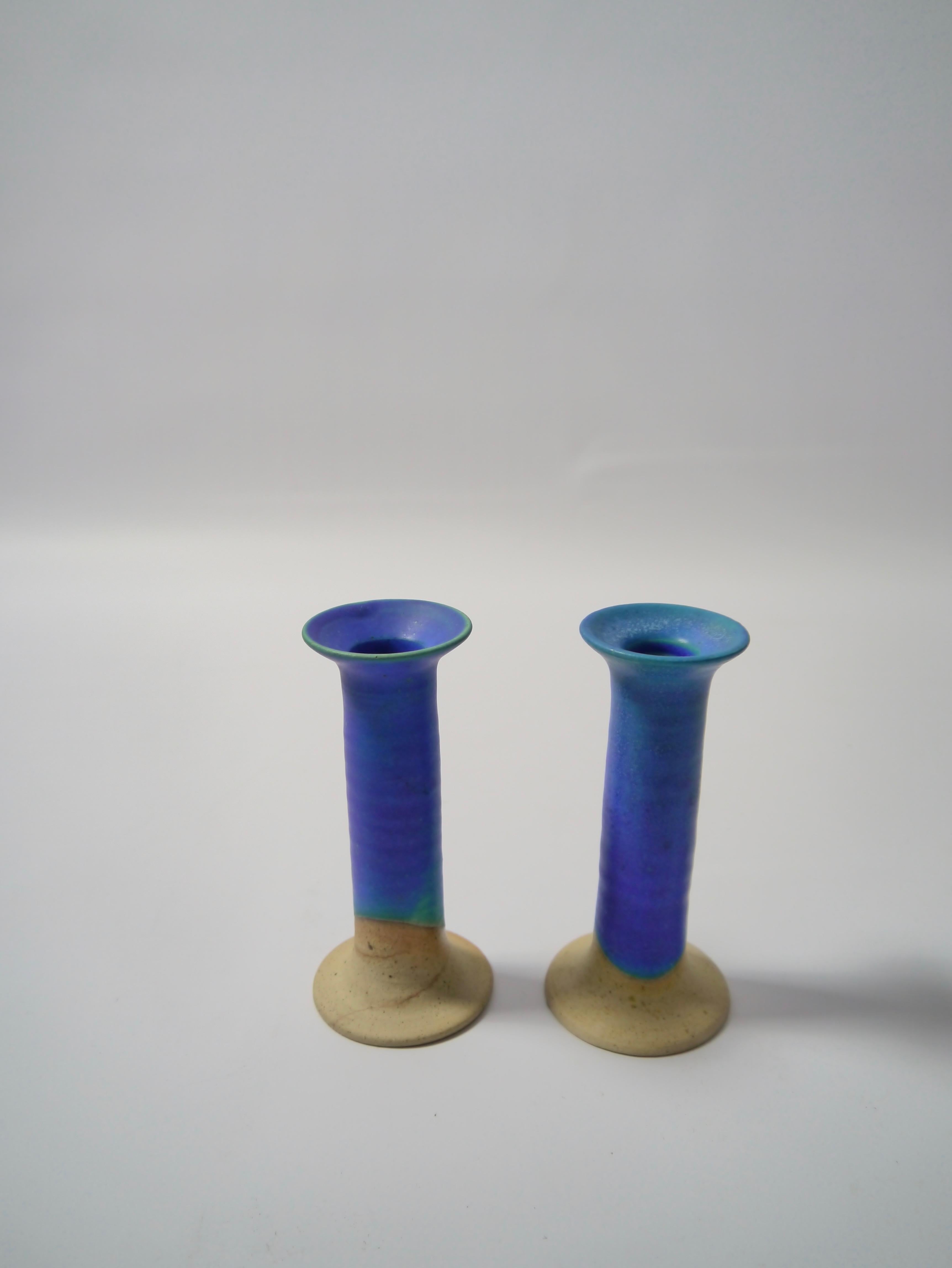 Pair of off-white or azure blue glazed ceramic candlesticks made by Inger Krebs, Denmark, 1980s.