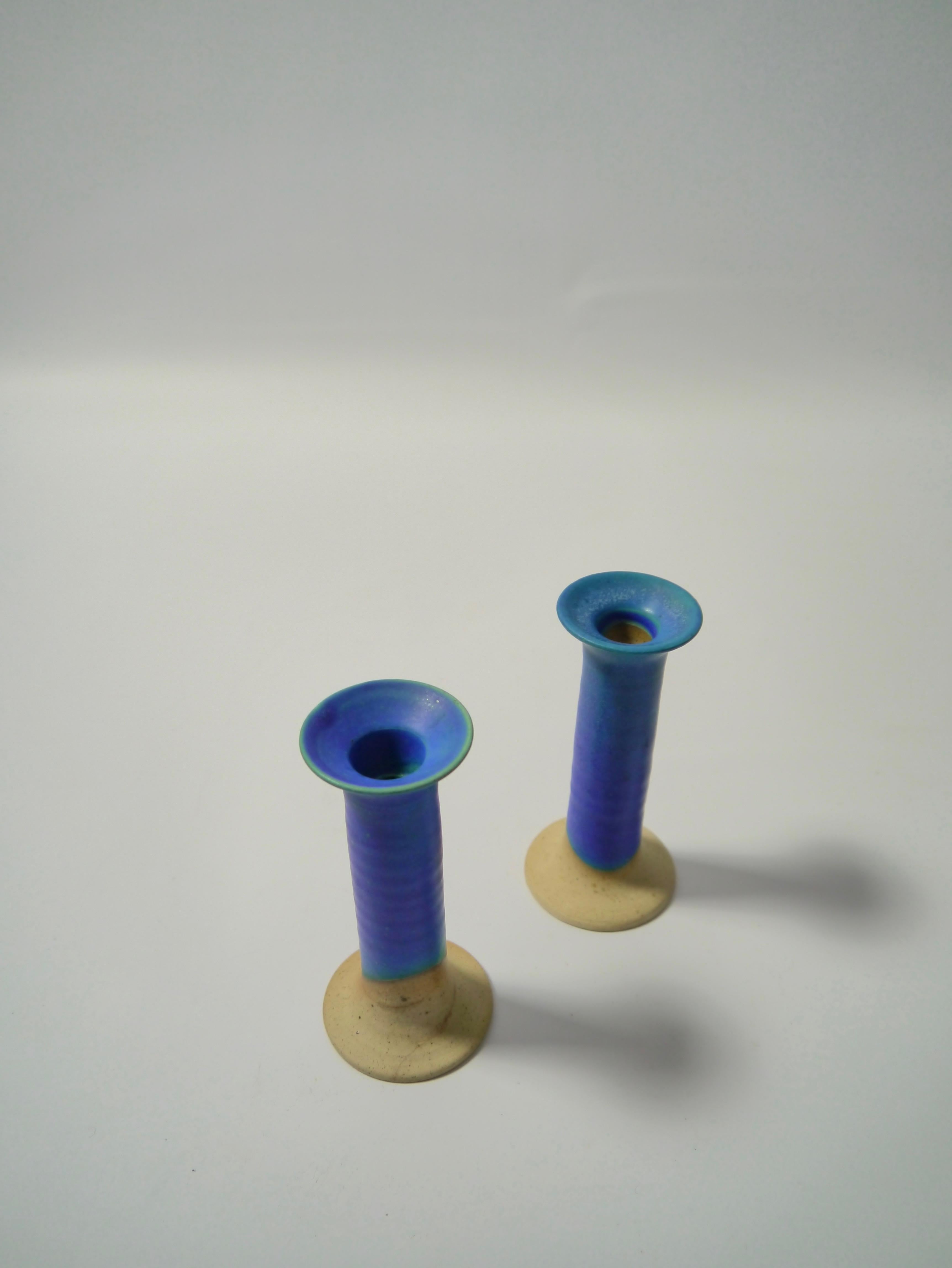 Scandinavian Modern Pair of Azure Blue Ceramic Candlesticks by Inger Krebs, Denmark, 1980s
