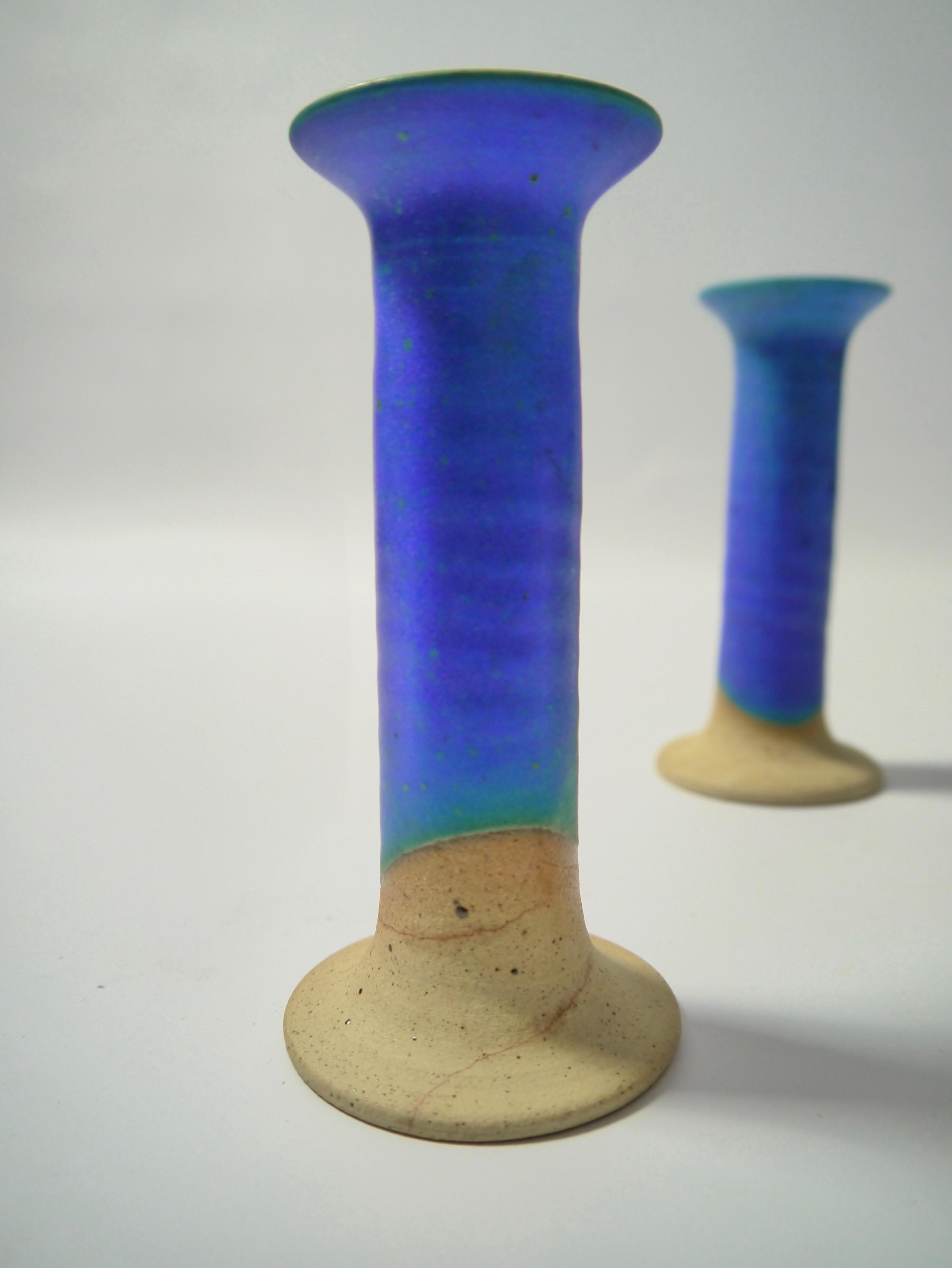 Danish Pair of Azure Blue Ceramic Candlesticks by Inger Krebs, Denmark, 1980s