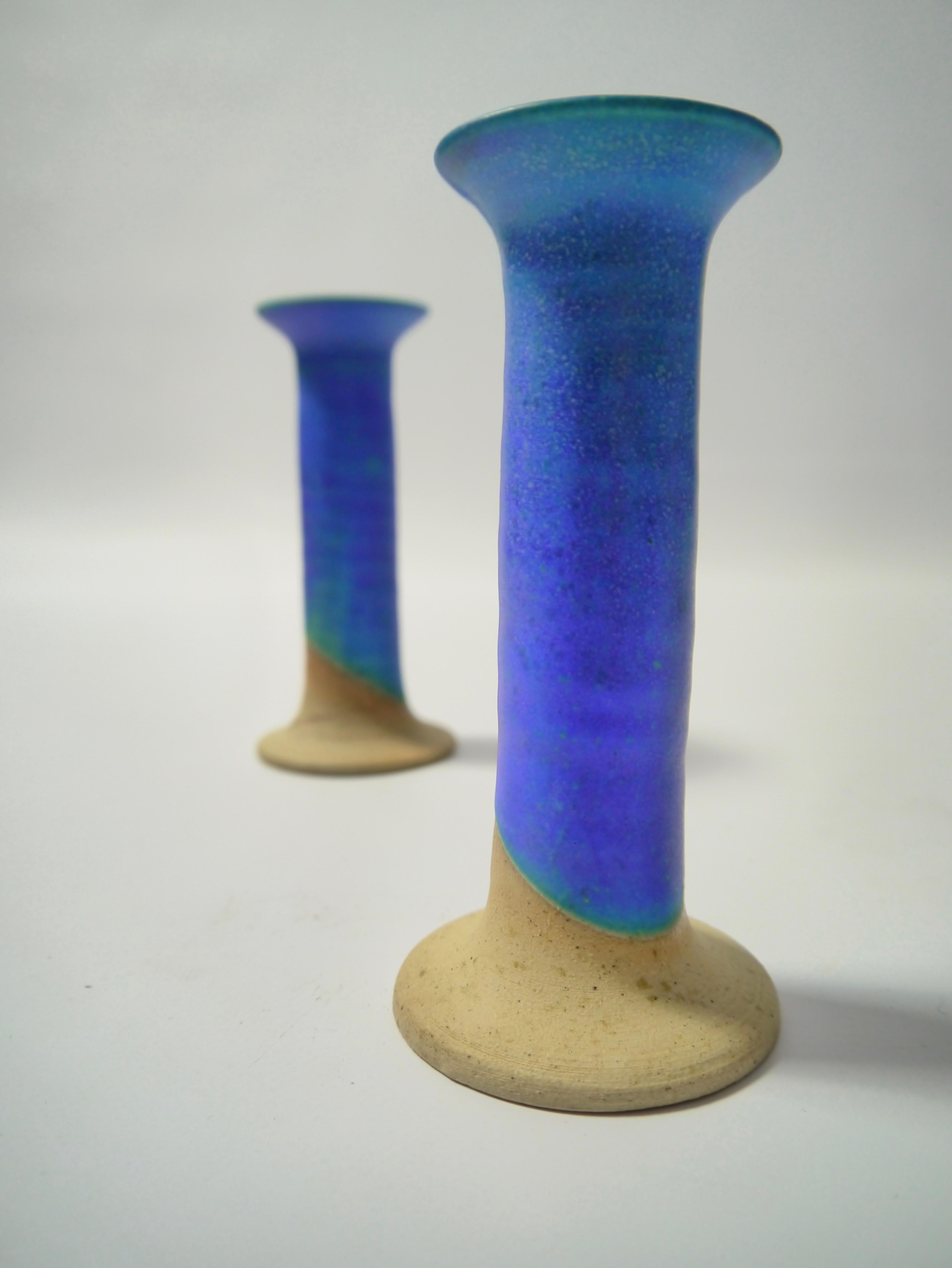 Glazed Pair of Azure Blue Ceramic Candlesticks by Inger Krebs, Denmark, 1980s