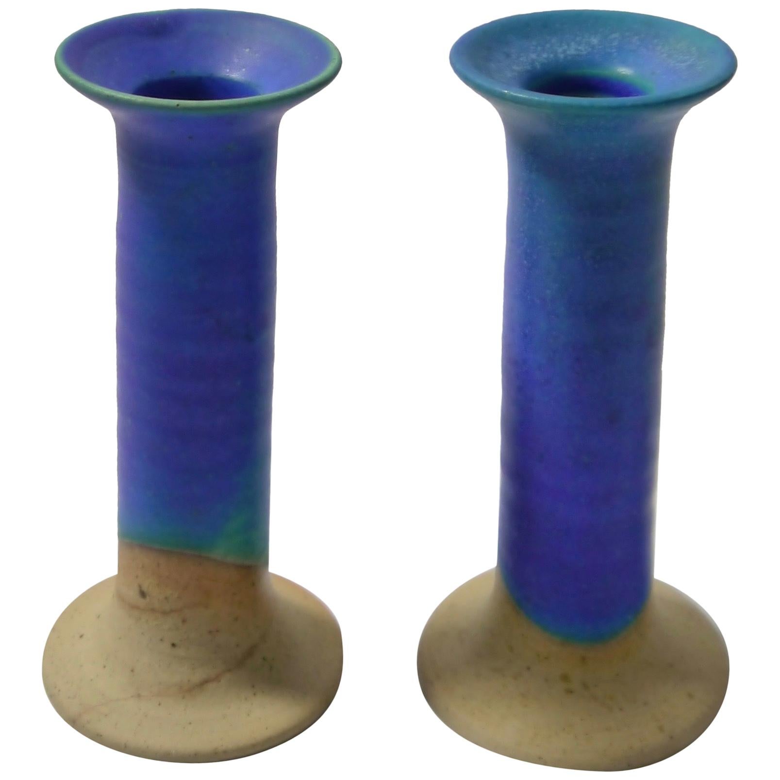 Pair of Azure Blue Ceramic Candlesticks by Inger Krebs, Denmark, 1980s