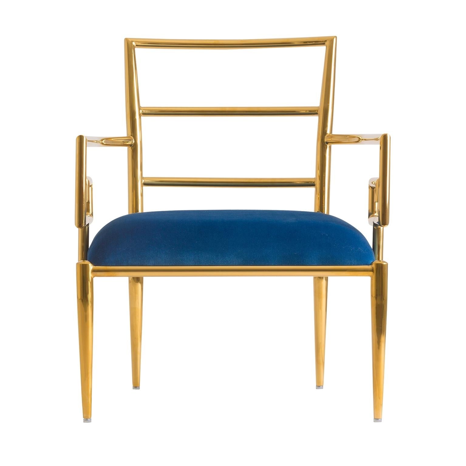 Two armchairs in azure blue velvet and gilded metal with outstanding shape, comfortable, and so trendy!