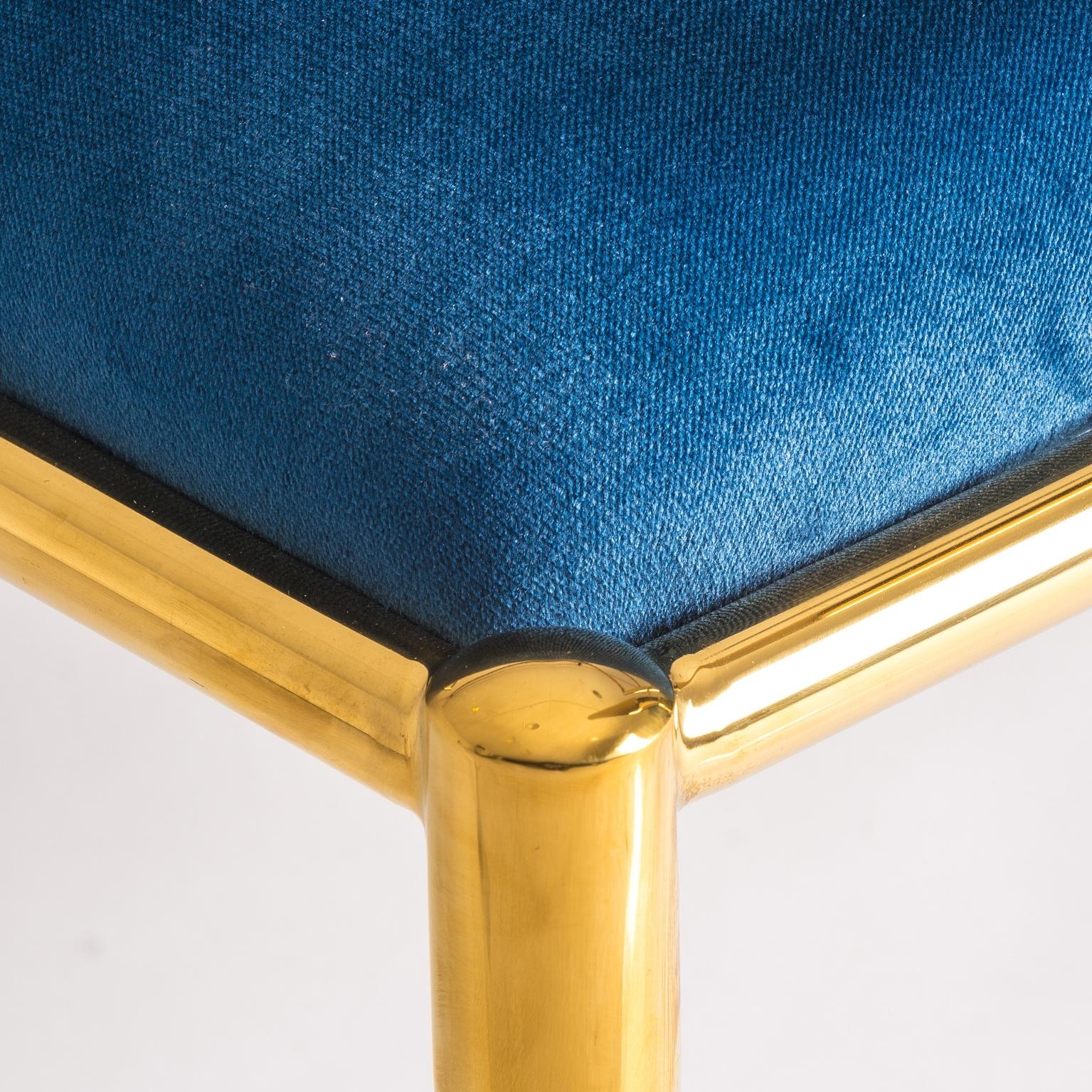 Contemporary Pair of Azure Blue Velvet and Gilded Metal Armchairs