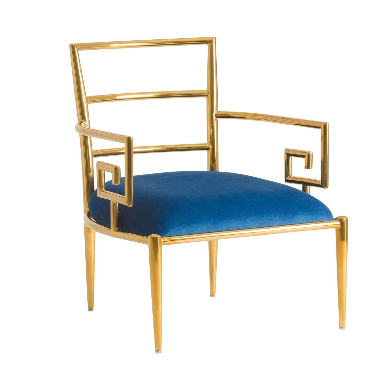 Pair of Azure Blue Velvet and Gilded Metal Armchairs 1