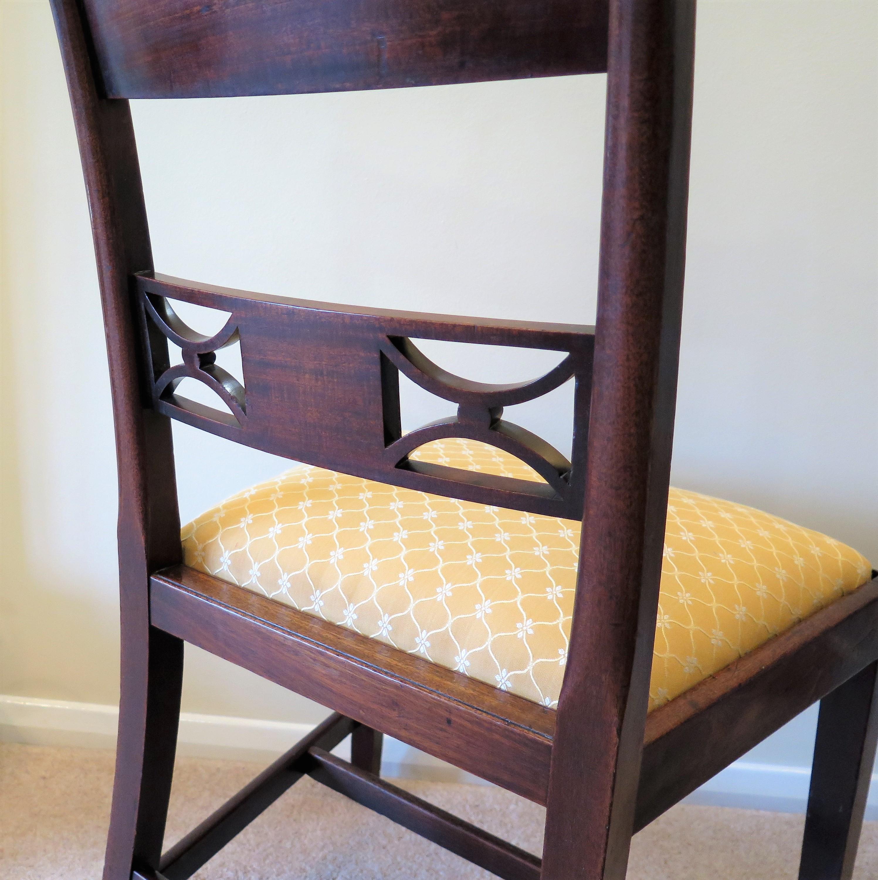 Fabric 18th C. PAIR Georgian Sheraton Period Dining Chairs Carved Inlaid Walnut