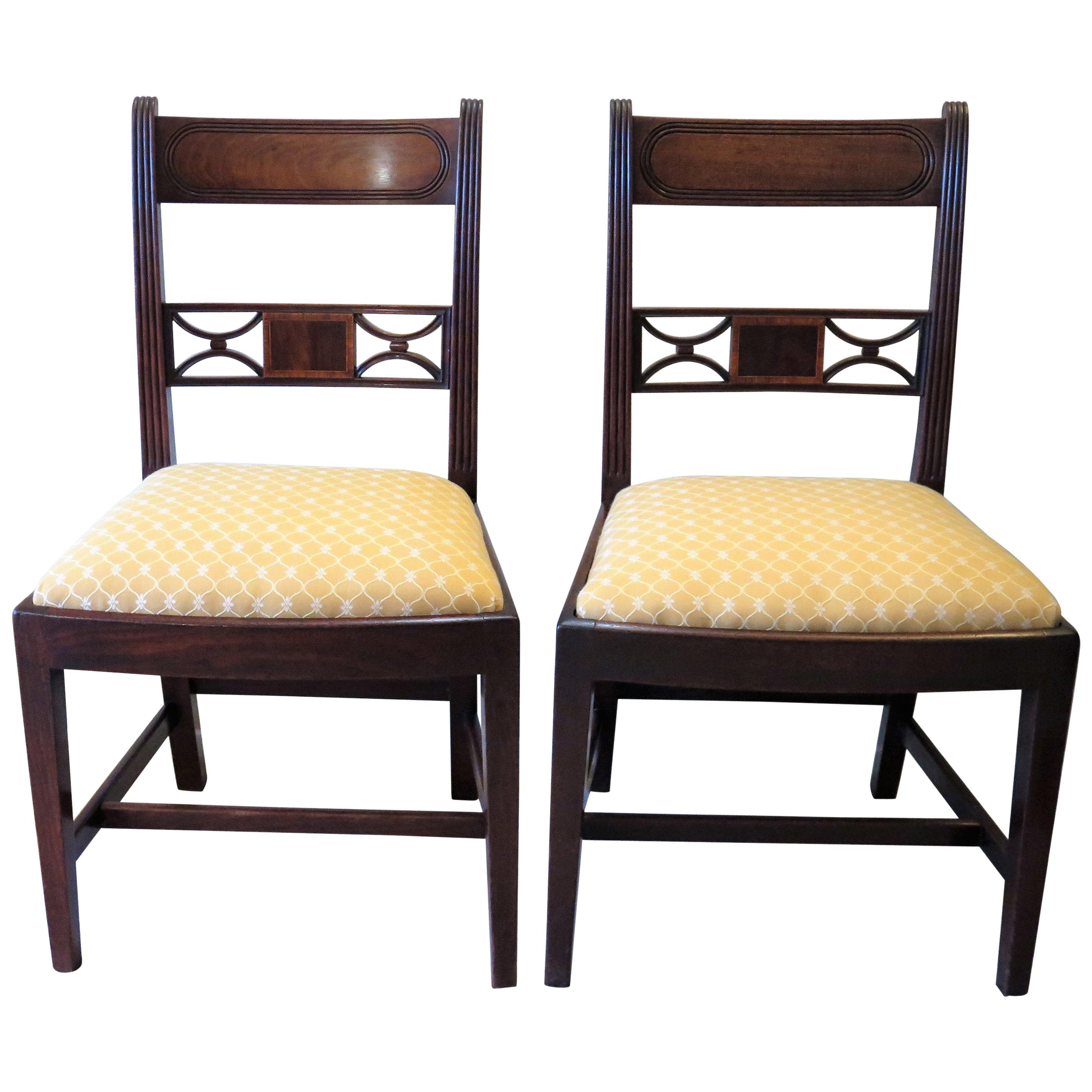 18th C. PAIR Georgian Sheraton Period Dining Chairs Carved Inlaid Walnut