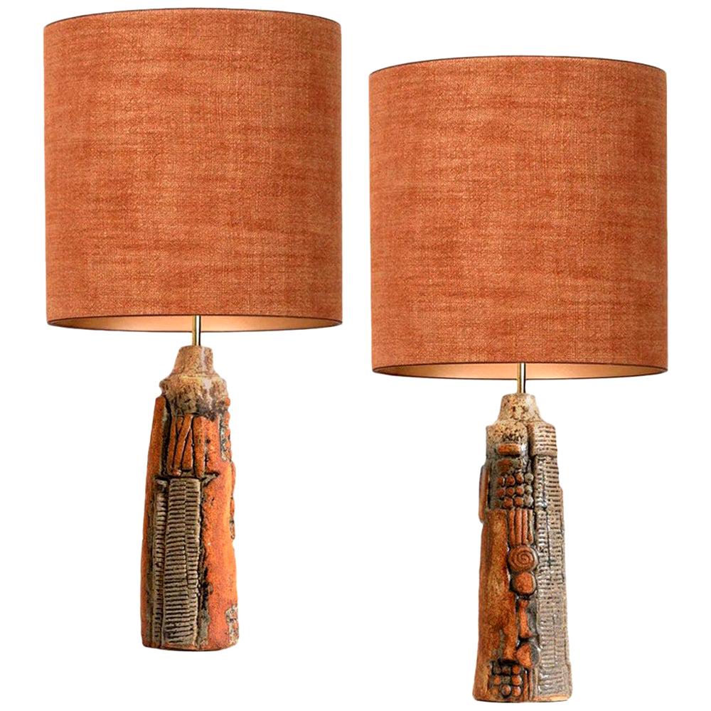 Pair of B. Rooke Ceramic Lamps with Custom Made Silk Lampshades by René Houben For Sale at 1stDibs