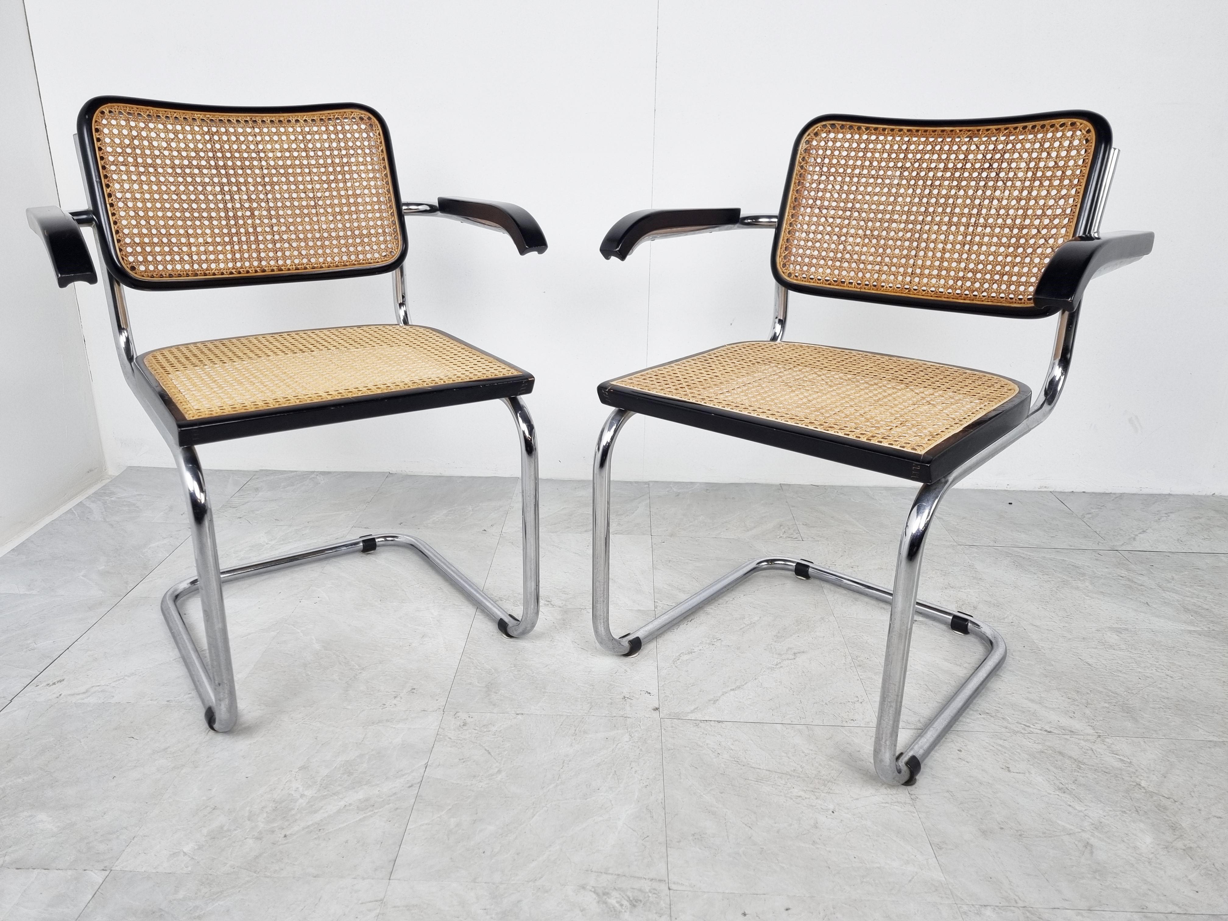 Cane Pair of B64 Marcel Breuer Armchairs, Made in Italy, 1970s