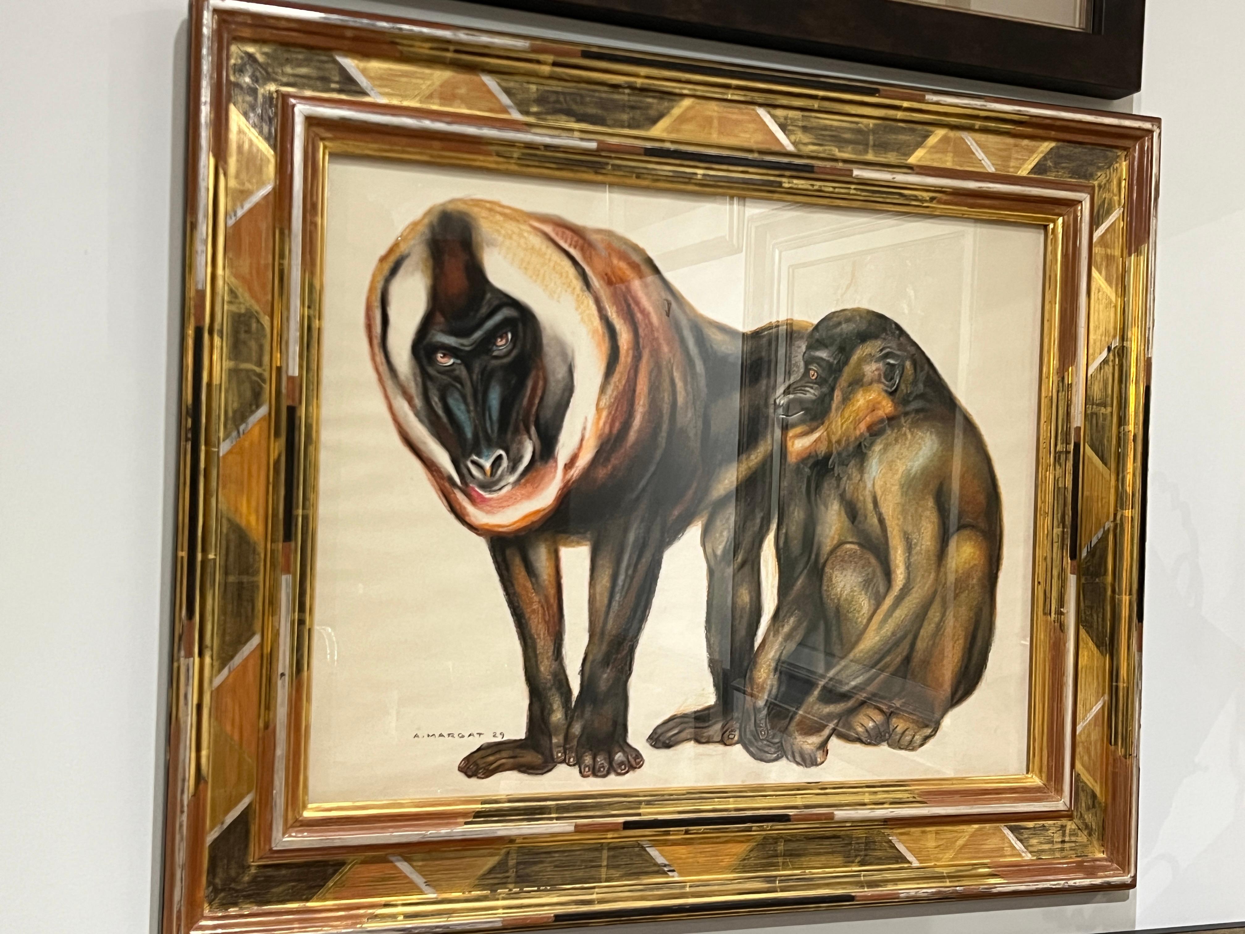 Créée par Andre Margat en 1929, cette peinture au pastel gouaché représente deux babouins aux couleurs vives et éclatantes. Les babouins eux-mêmes ont un pelage noir de jais avec des accents blancs, ce qui leur confère une présence réaliste dans