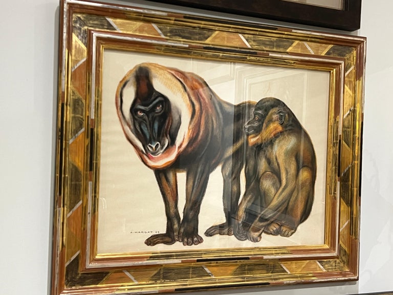 Created by Andre Margat in 1929, this gouache pastel painting depicts two baboons with bright and vivid colors. The vibrant red, orange and yellow tones; The baboons themselves have jet black fur with white accents, giving them a realistic presence