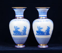 Pair of Baccarat Acid-Cameo Double-Overlay Blue-Cased White Opaline Glass Vases