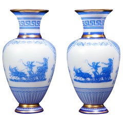 Pair of Baccarat Acid-Cameo Double-Overlay Blue-Cased White Opaline Glass Vases