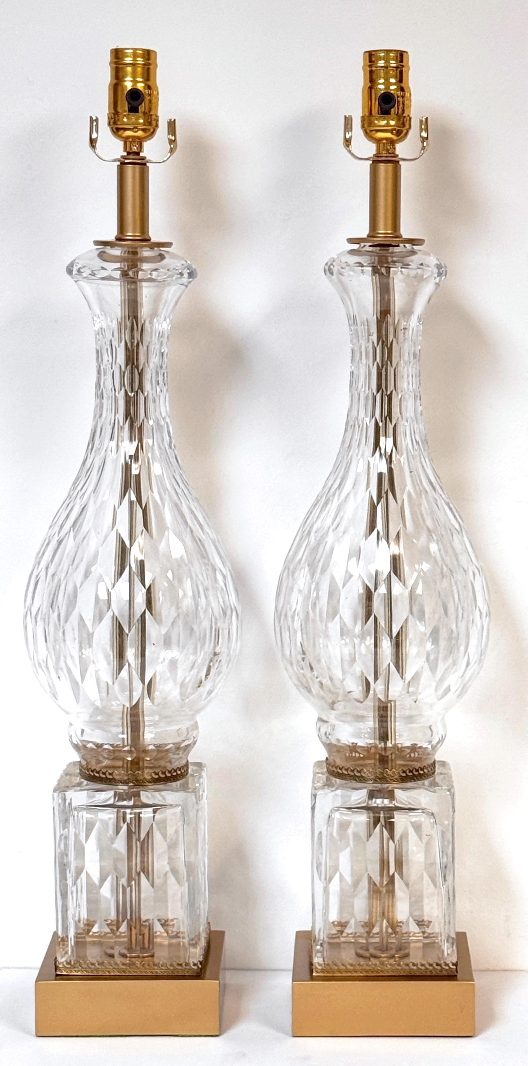 French Pair of Baccarat (Attributed) Crystal Baluster Column Lamps, France Circa 1950s For Sale
